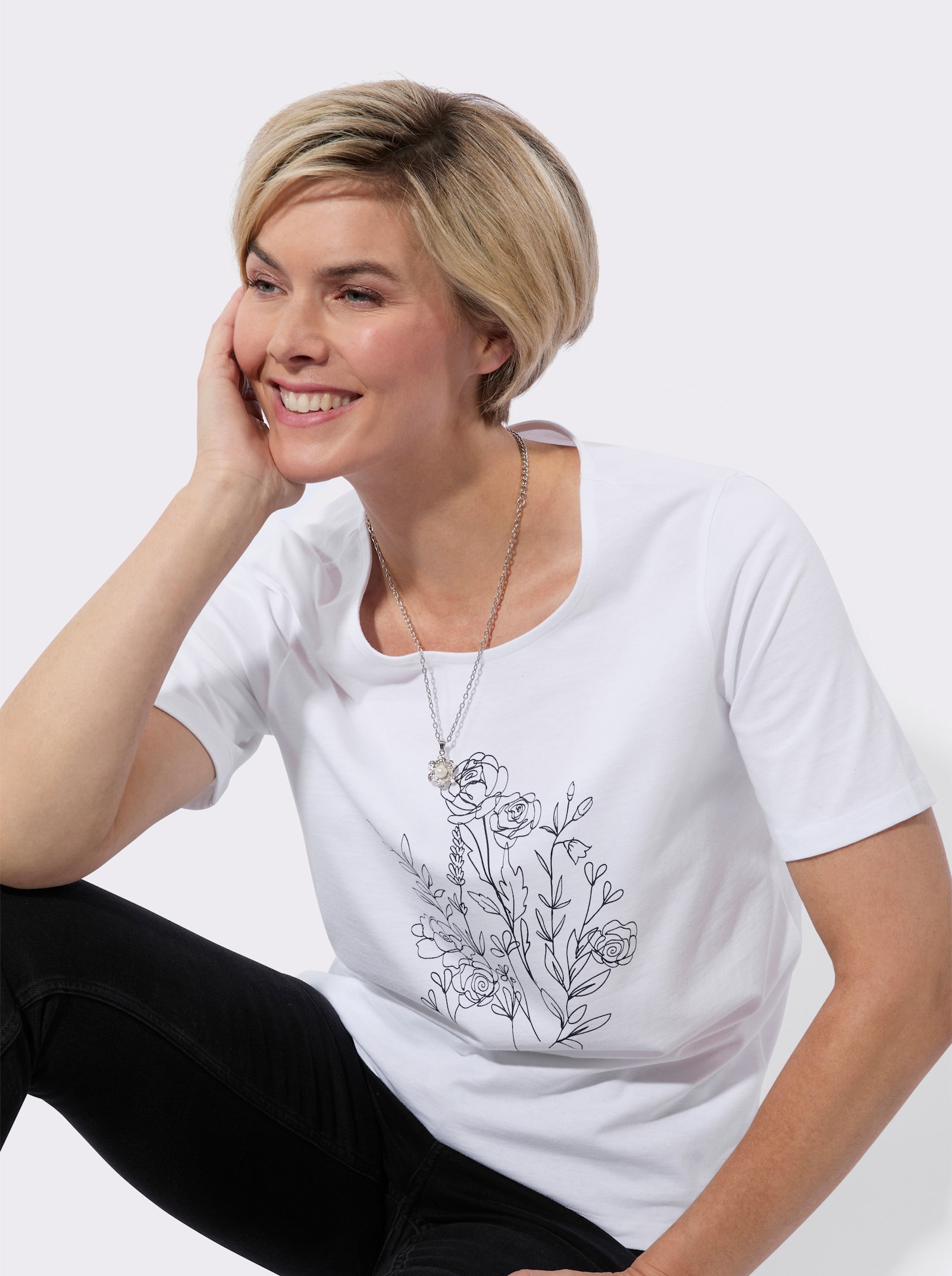 Rundhalsshirt mit Blüten-Print - weiß
