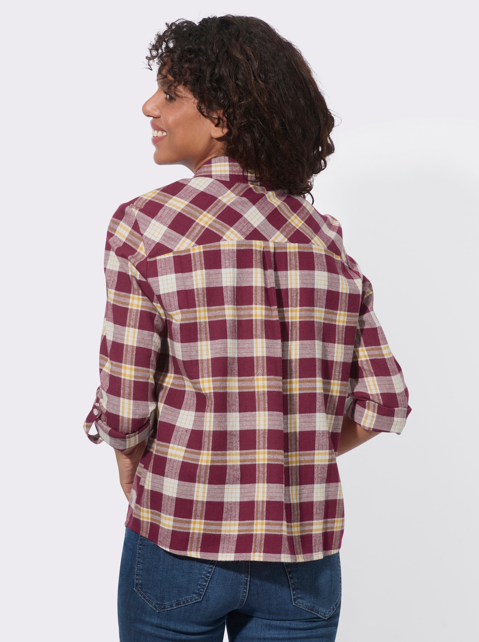  Flanellbluse mit abgerundetem Saum - bordeaux-ecru-kariert