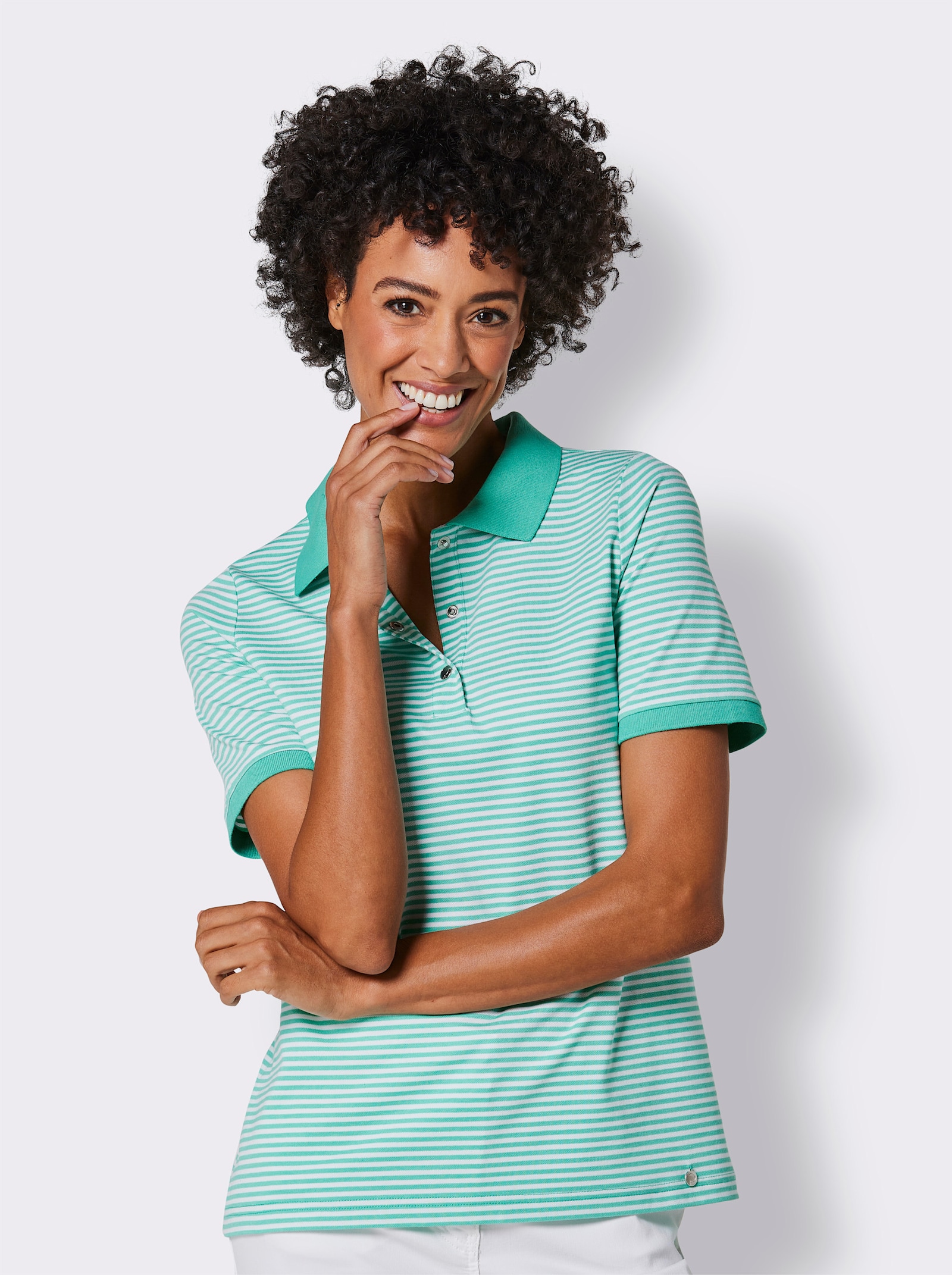 CREATION L PREMIUM Poloshirt mit Druckknöpfen - blaugrün-weiss-geringelt