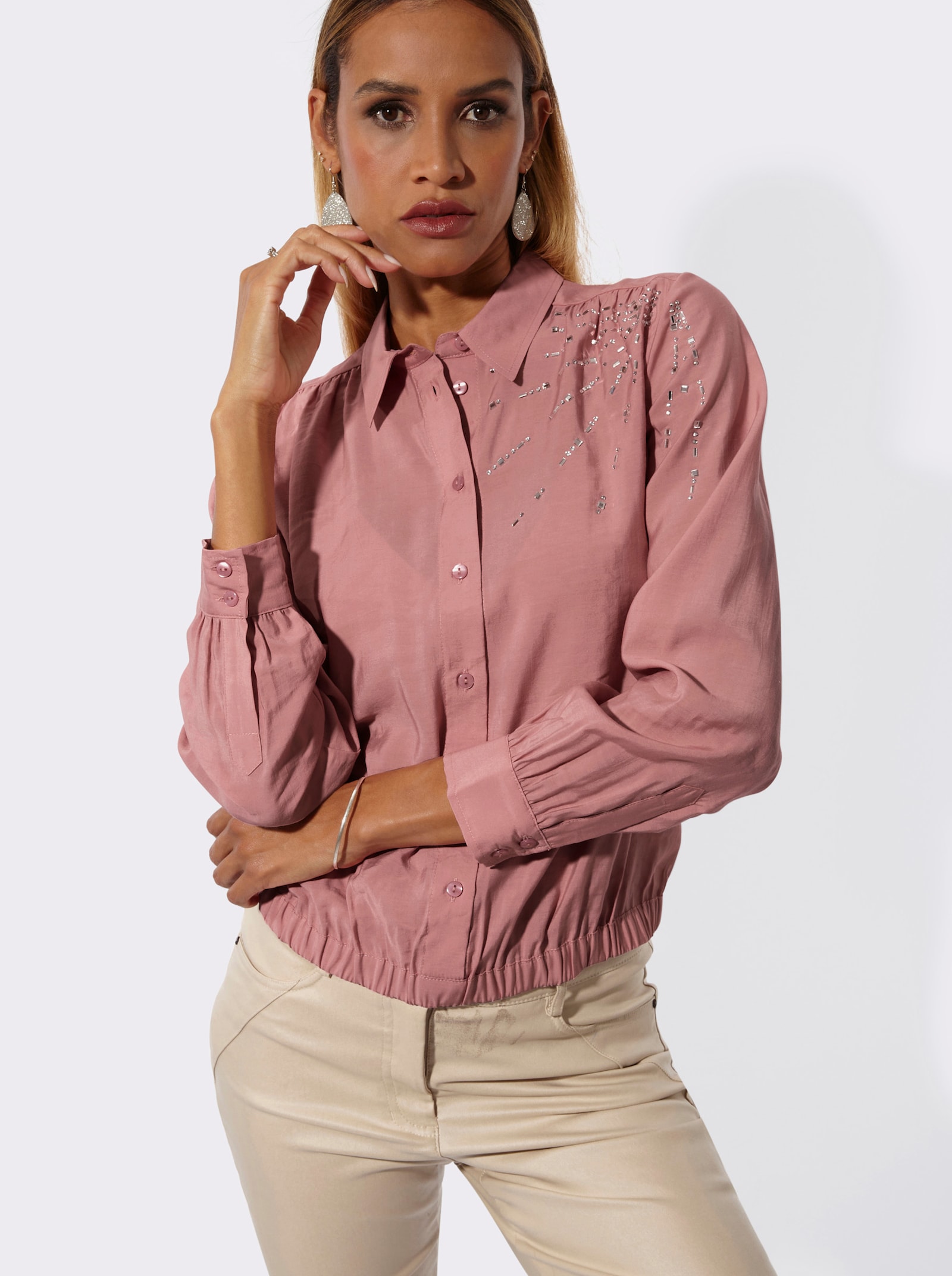 Hemdbluse mit Ziersteinchen - rosenholz