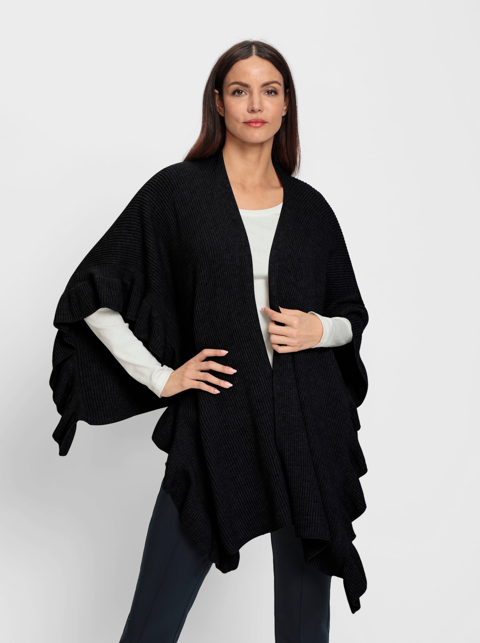 heine Gebreide poncho met volants - zwart