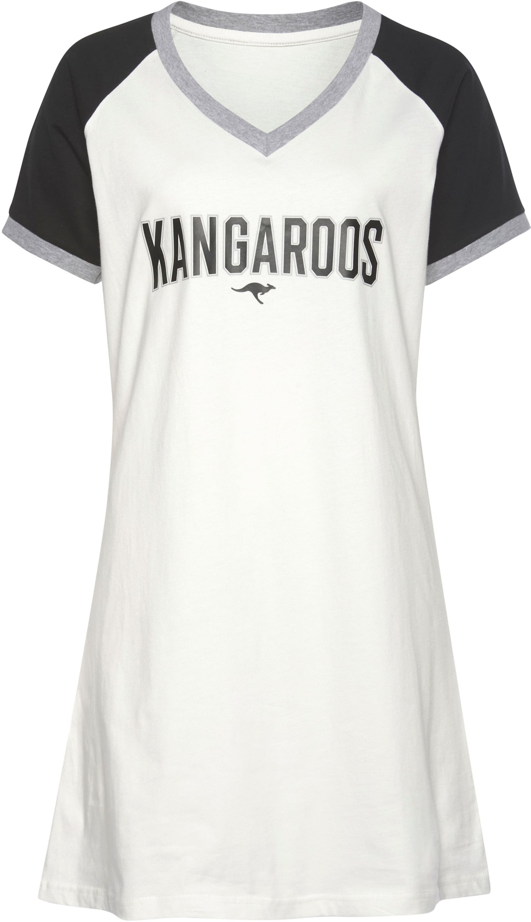 Rast und günstig Kaufen-Bigshirt in schwarz-weiß von KangaROOS. Bigshirt in schwarz-weiß von KangaROOS <![CDATA[Bigshirt von Kangaroos im College-Stil. Kontrastfarbene Raglanärmel. Farblich abgesetzte Blenden am V-Ausschnitt und den Ärmelabschlüssen. Wording-Print v