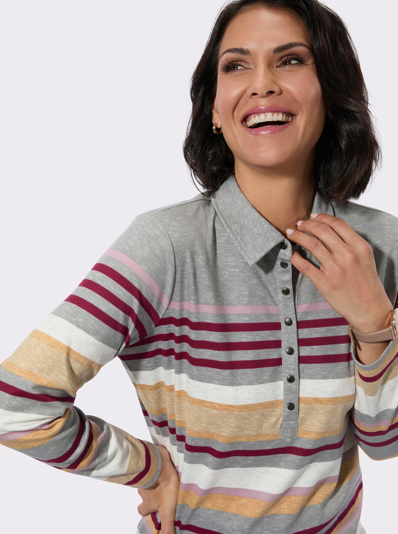 Poloshirt mit Druckknöpfen - grau-mauve-geringelt