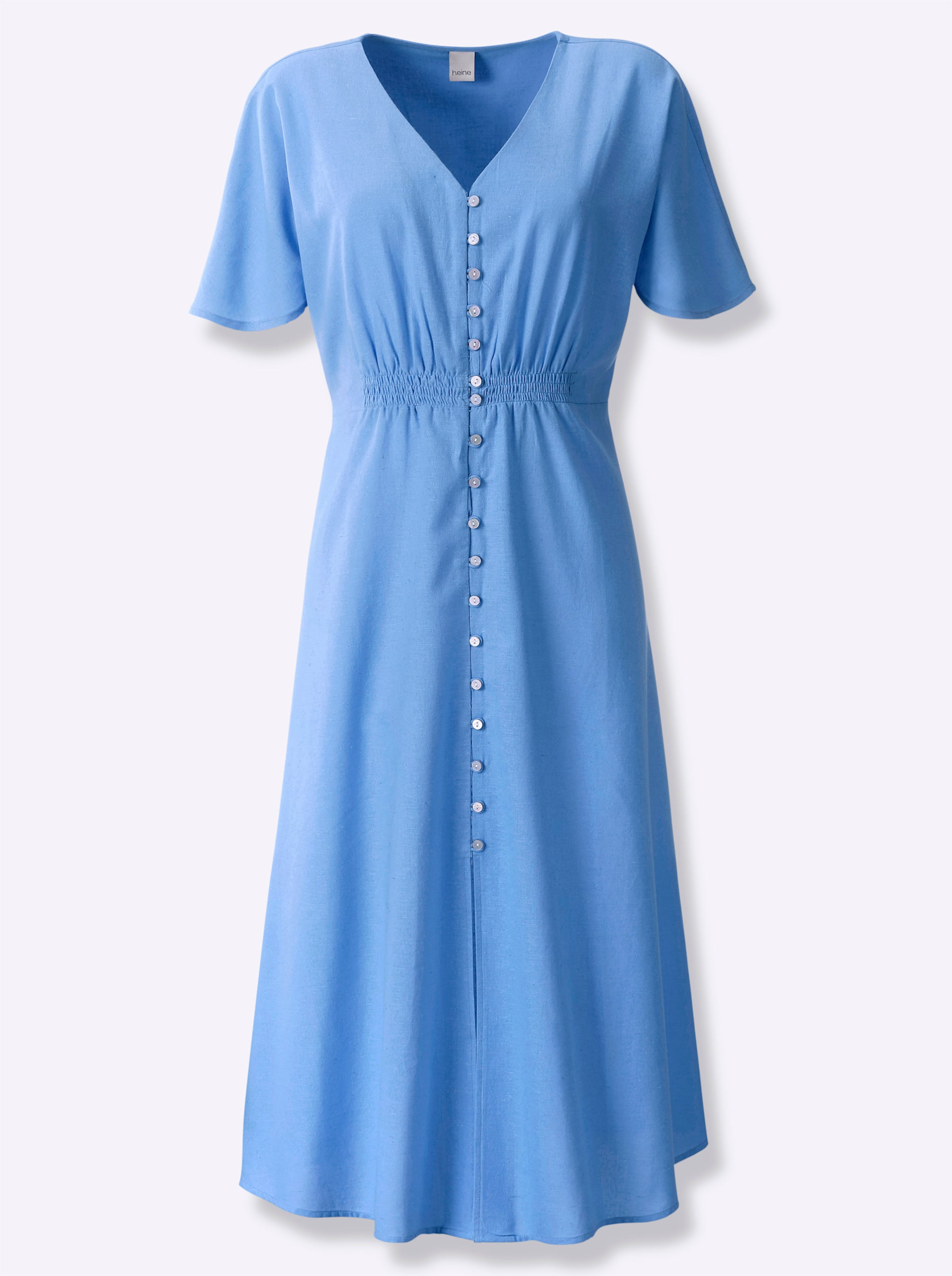 und Blau günstig Kaufen-Kleid in himmelblau von heine. Kleid in himmelblau von heine <![CDATA[Kleid Herrlich leicht und trageangenehm, im hochwertigen Baumwoll-Leinen-Mix. Mit V-Ausschnitt, abgerundetem kurzem Glockenärmel und gesmokter Taille. Durchgehende Knopfleiste mit Gehs