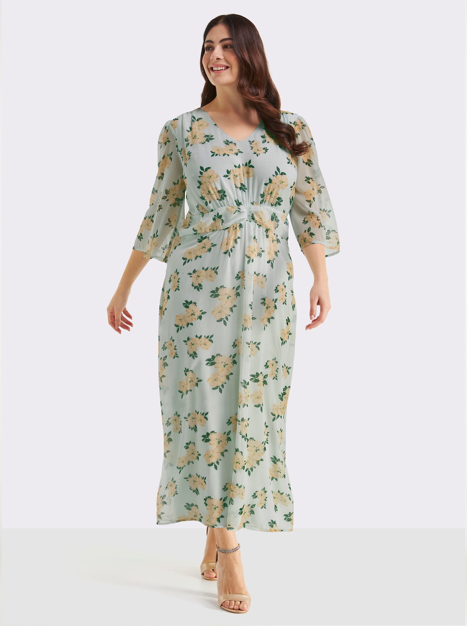 sheego Chiffonkleid mit Blumenprint - zartmint-apricot-gemustert