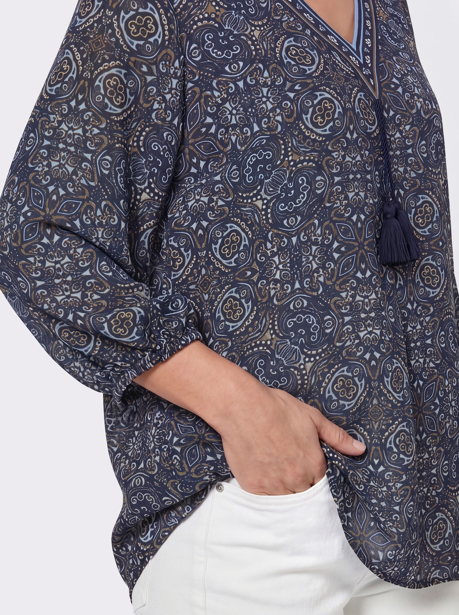 Druckbluse mit Weite gebender Falte - marine-bedruckt