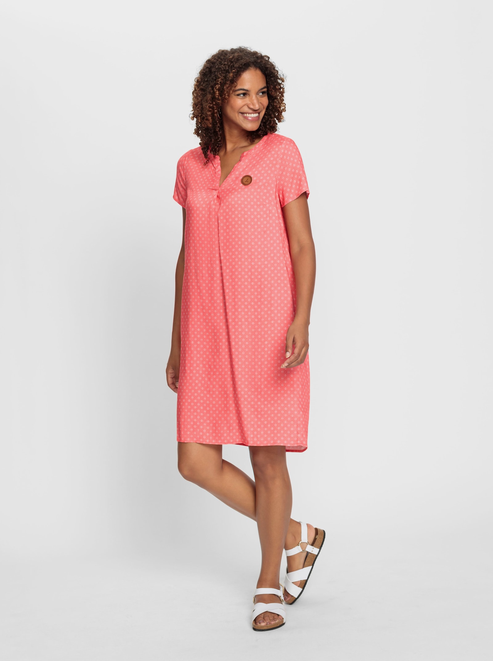 Druckkleid aus reiner Viskose - koralle-weiß-bedruckt