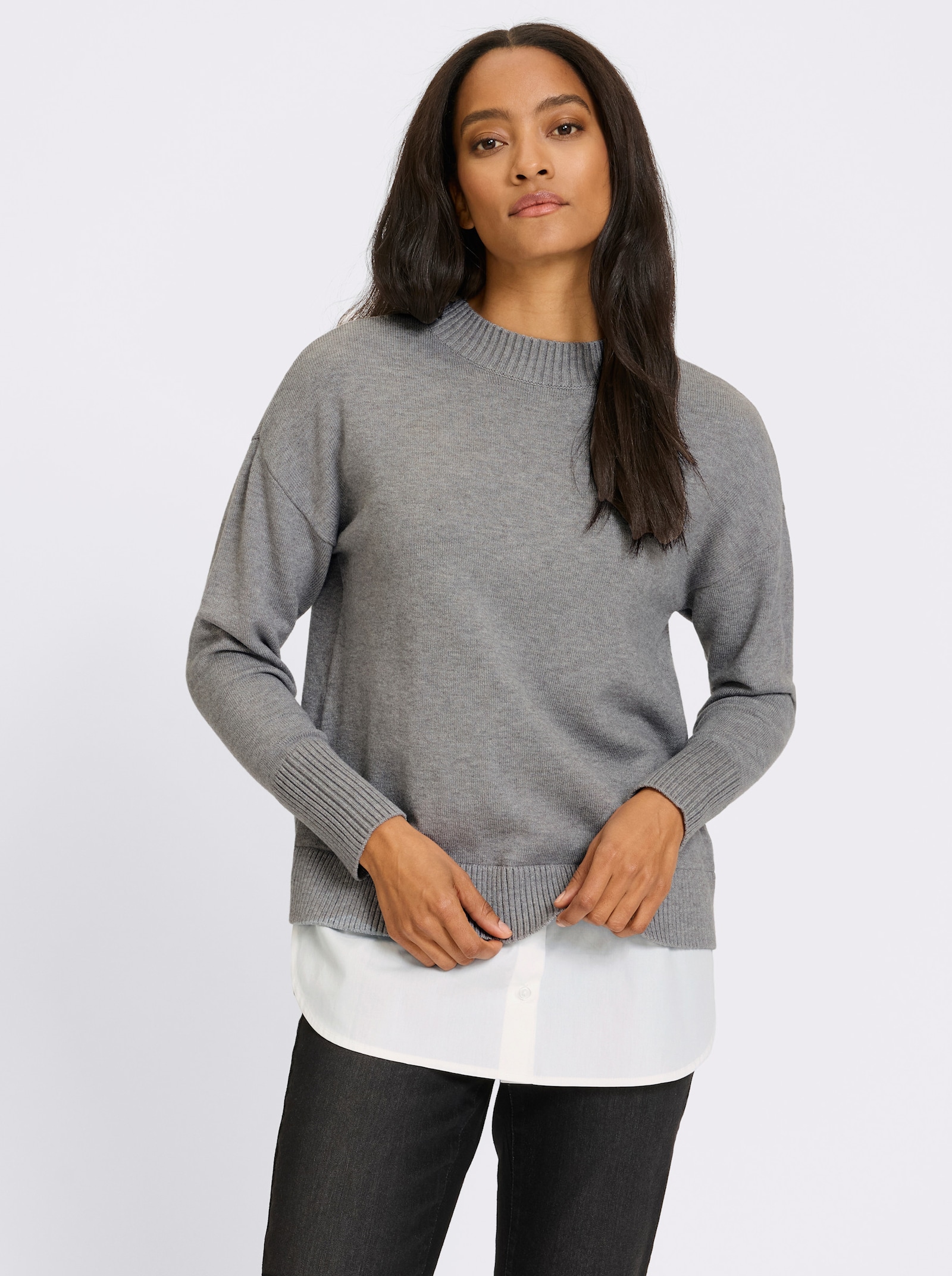heine 2-in-1-Pullover mit Bluseneinsatz - grau-meliert