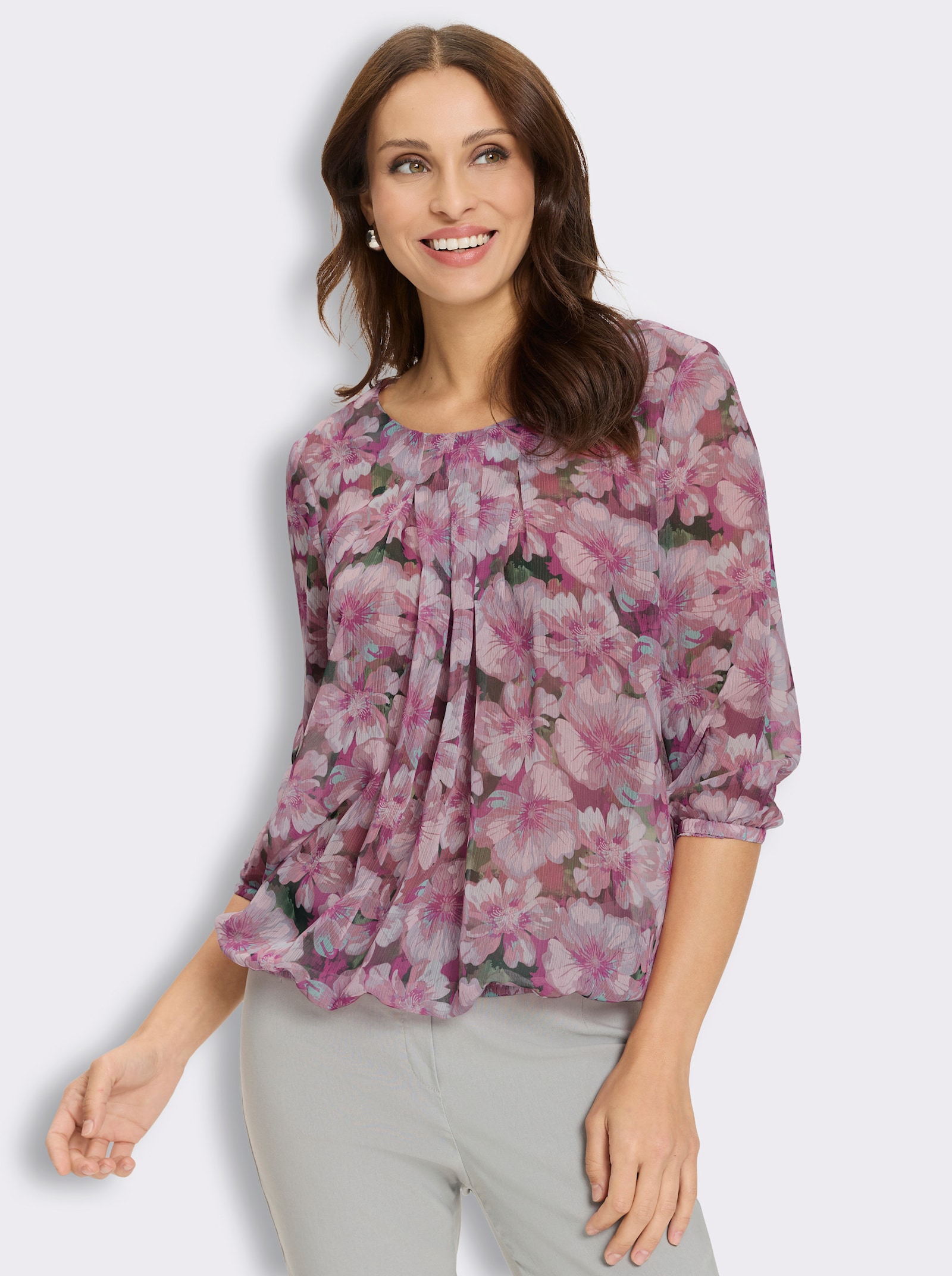 Schlupfbluse aus leicht transparenter Chiffon-Qualität - hellrosé-eucalyptus-bedruckt