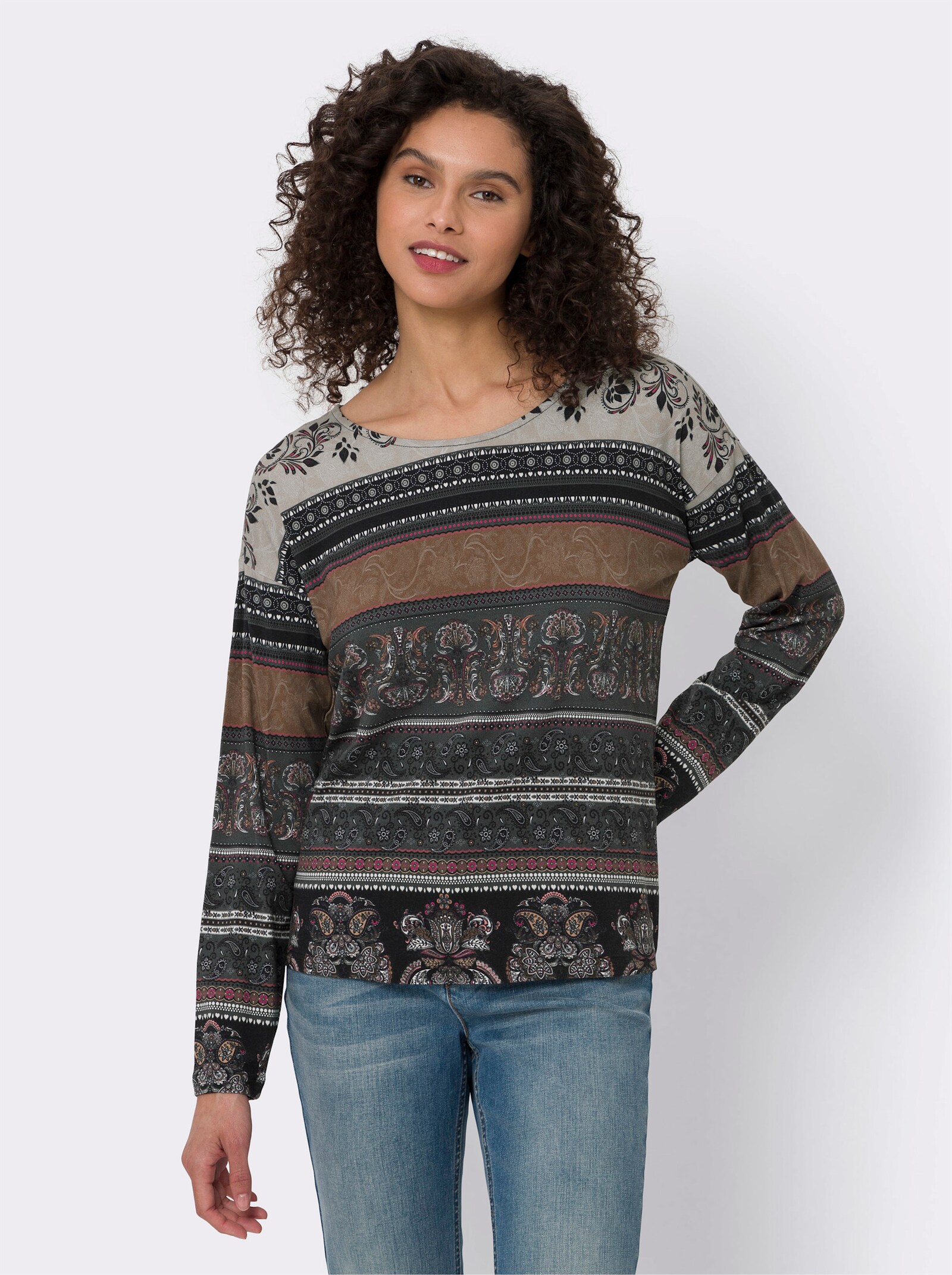 heine Shirt met lange mouwen en paisley- en bloemenprint - bruin/pink bedrukt