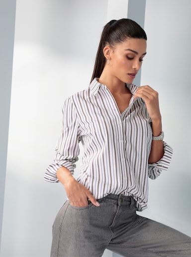 heine Gestreifte Bluse mit Glitzersteinchen - ecru-schoko-gestreift