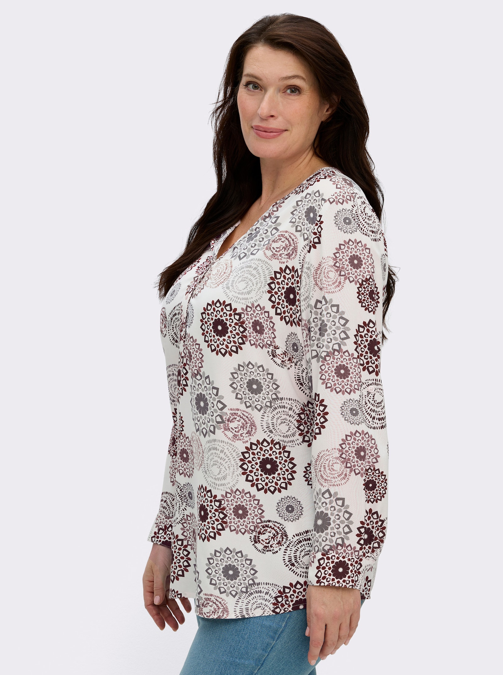 Langarmbluse mit Krempelfunktion - ecru-burgund-bedruckt