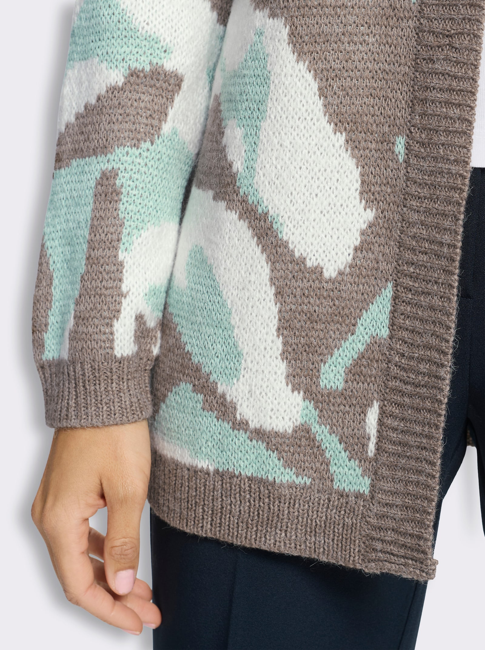Jacquardstrickjacke in offener Form - kalkmint-taupe-gemustert