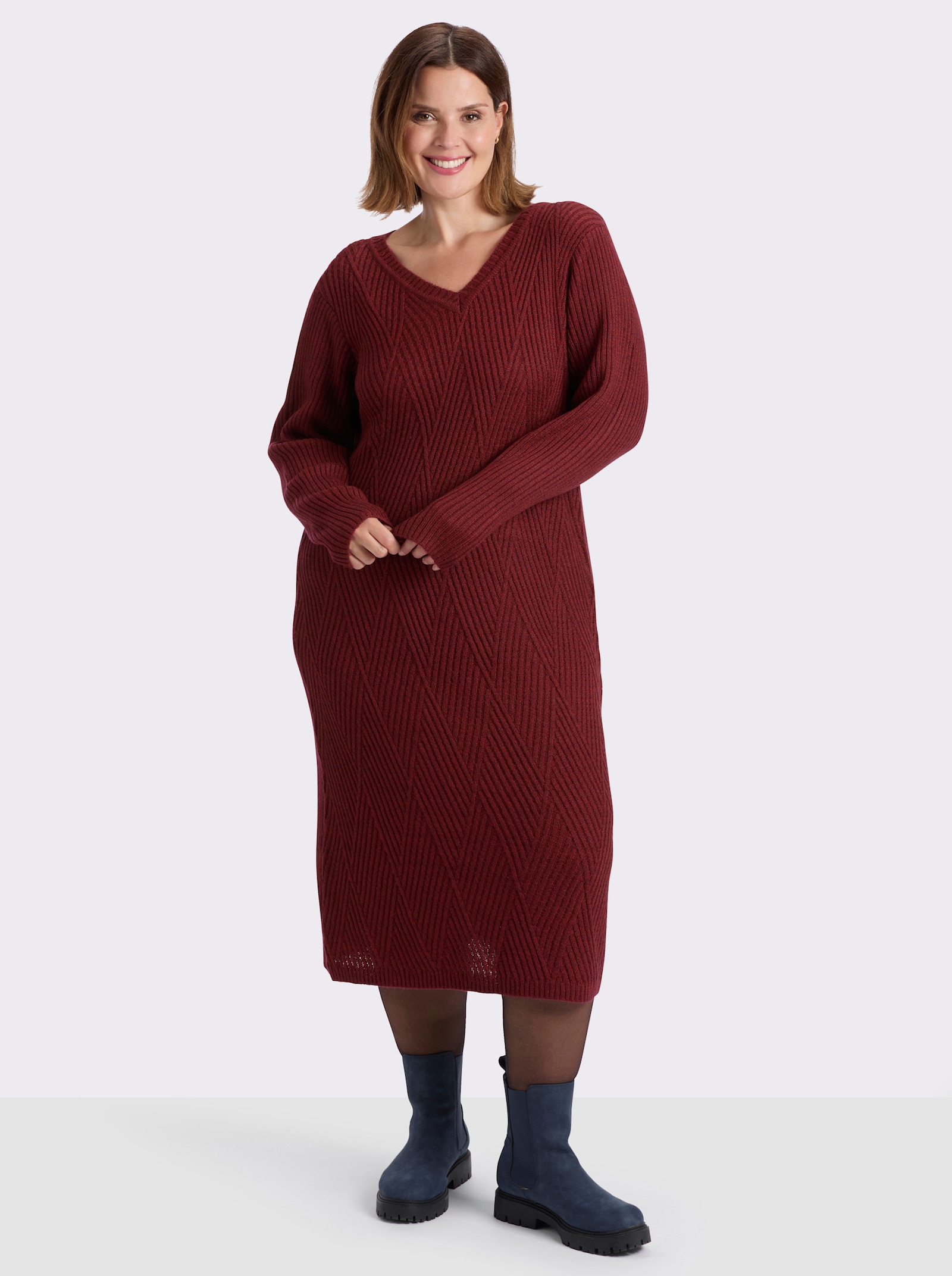 sheego Strickkleid mit Rautenstrickmuster - kirsche-bordeaux-meliert