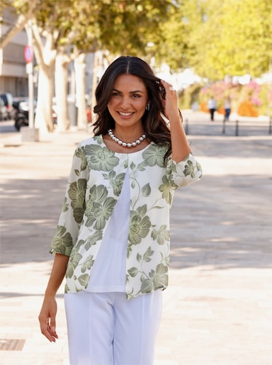 Druckbluse in 2-in-1-Optik - weiß-khaki-bedruckt