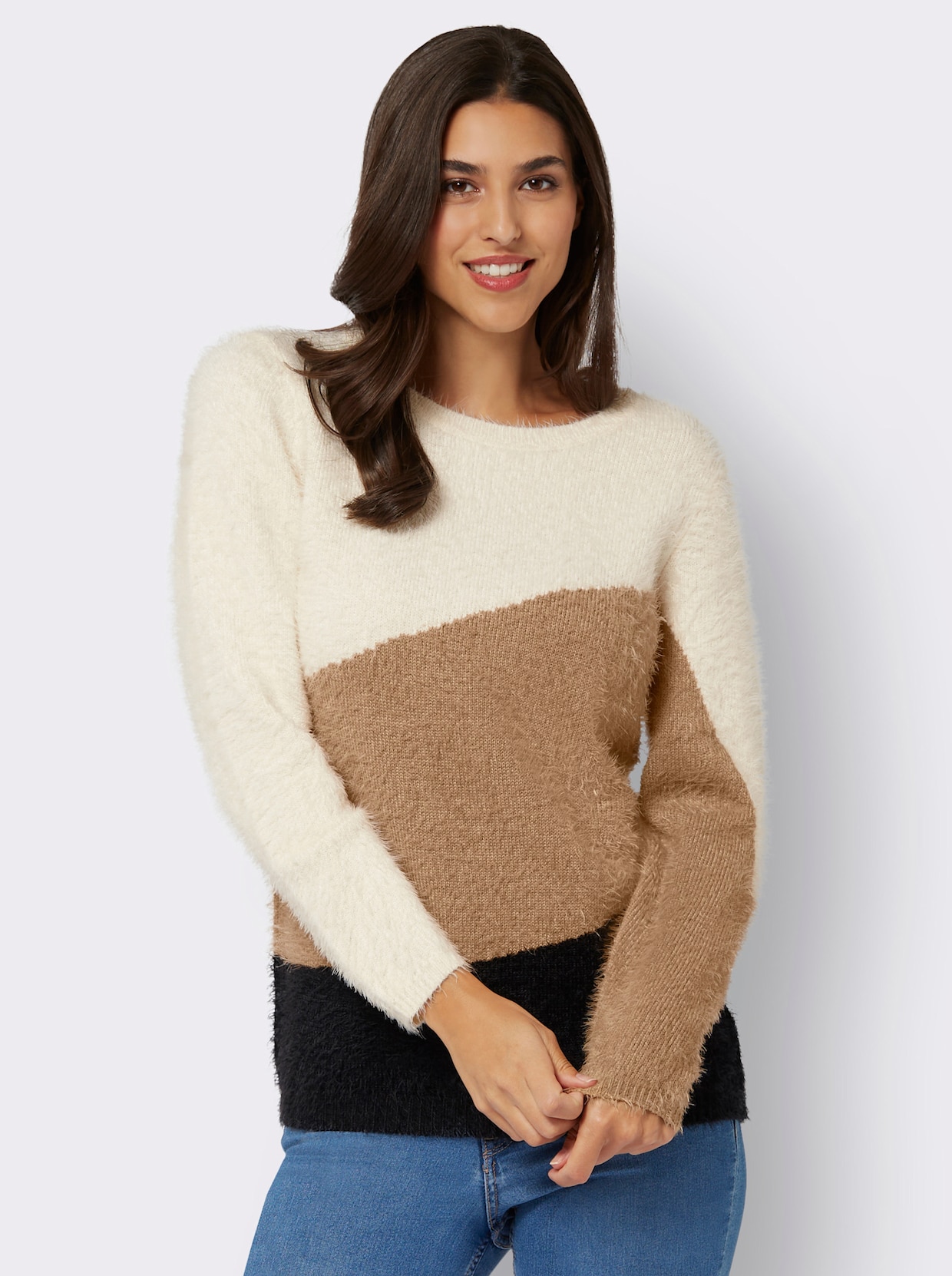 Pullover met ronde hals - camel/zwart gedessineerd