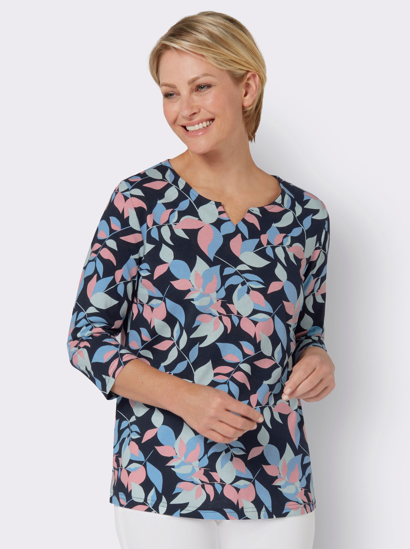 Tričko s 3/4 rukávem a kulatým výstřihem - námořnická modrá-nebesky modrá-potisk