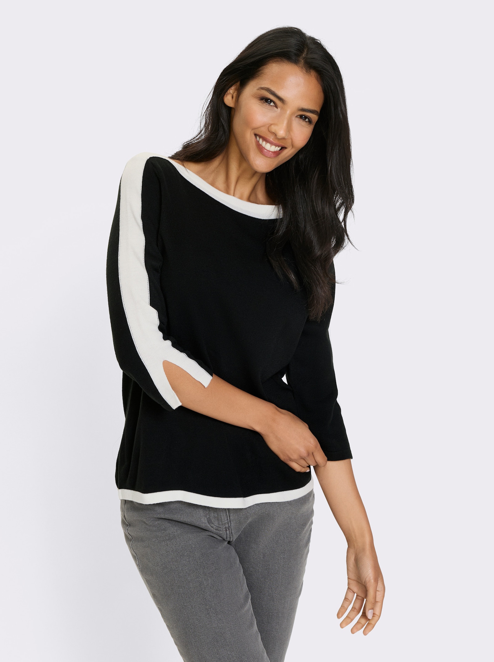 3/4 Arm-Pullover mit kontrastfarbenen Details - schwarz-weiß