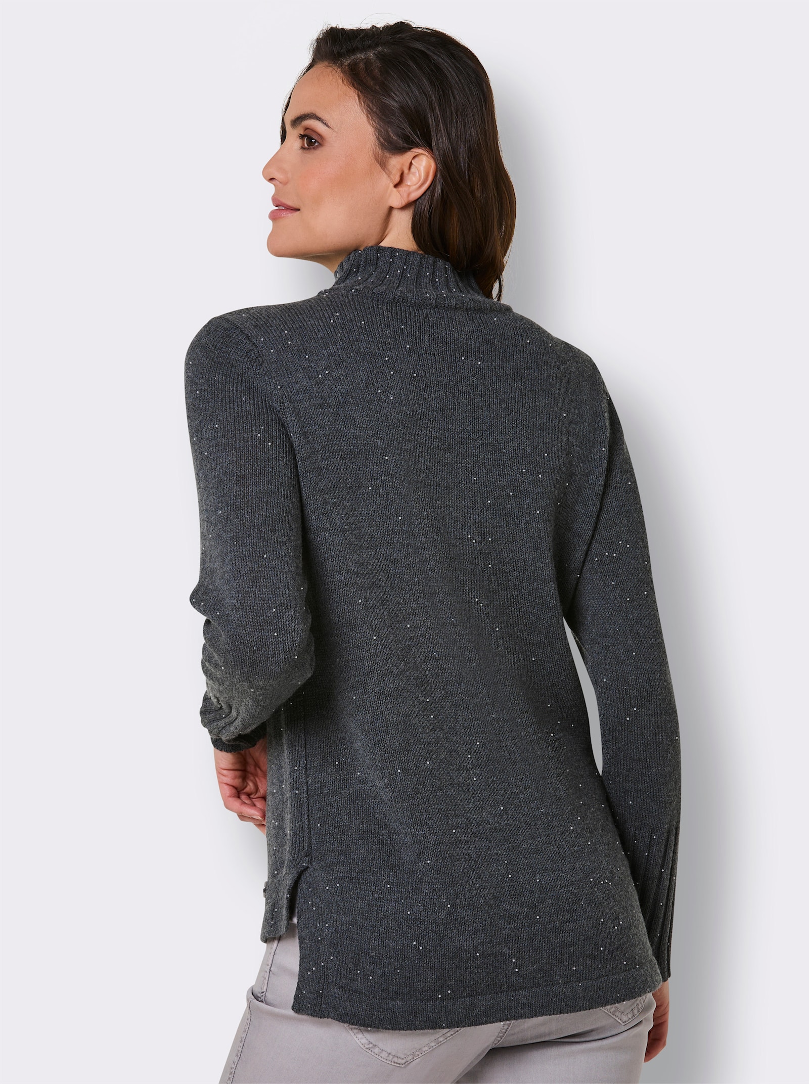 CREATION L PREMIUM Langarm-Pullover mit 10% Kaschmir und Zierperlen - anthrazit