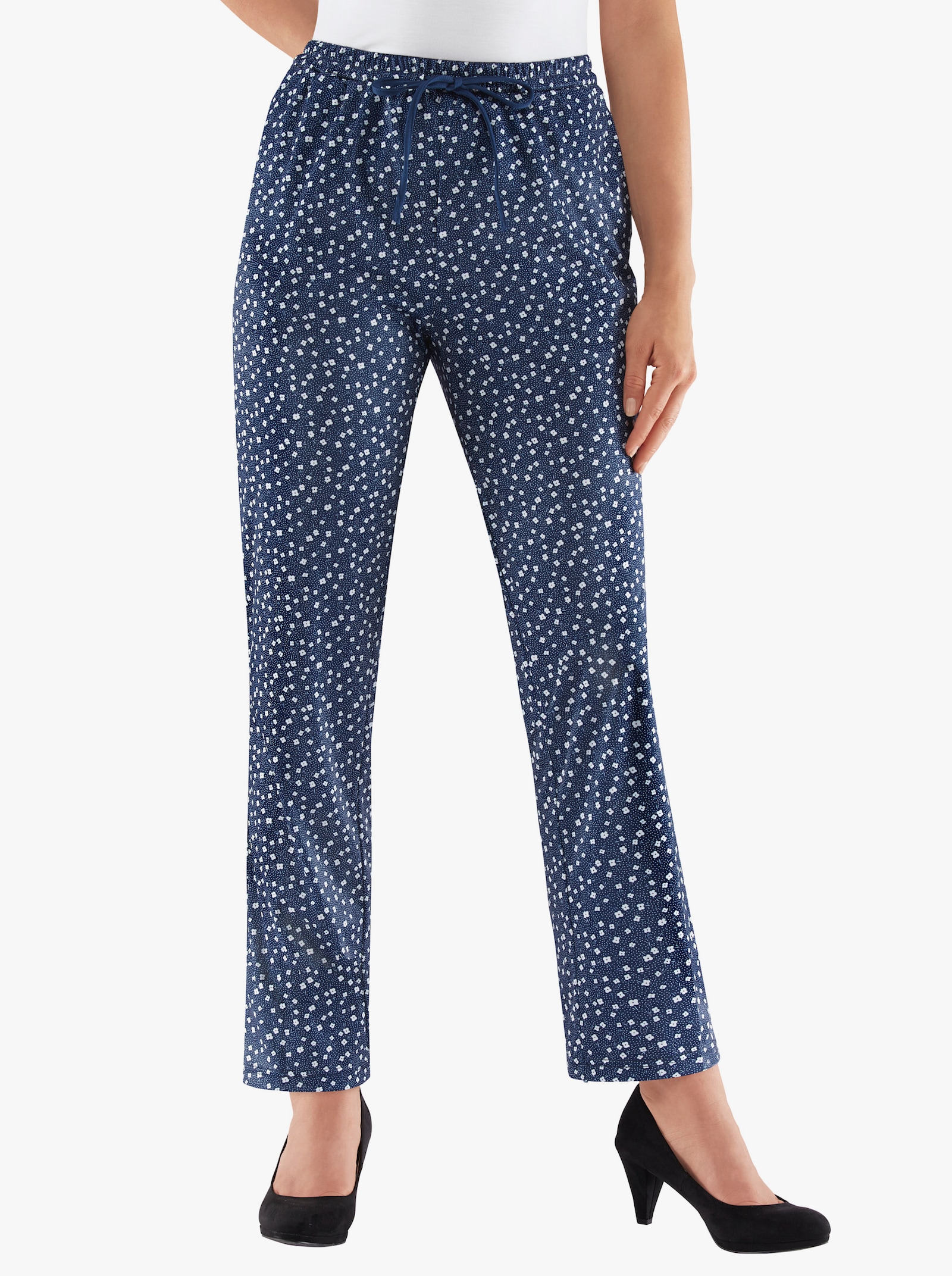 Žerzejové kalhoty s páskem - námořnická-kvítky