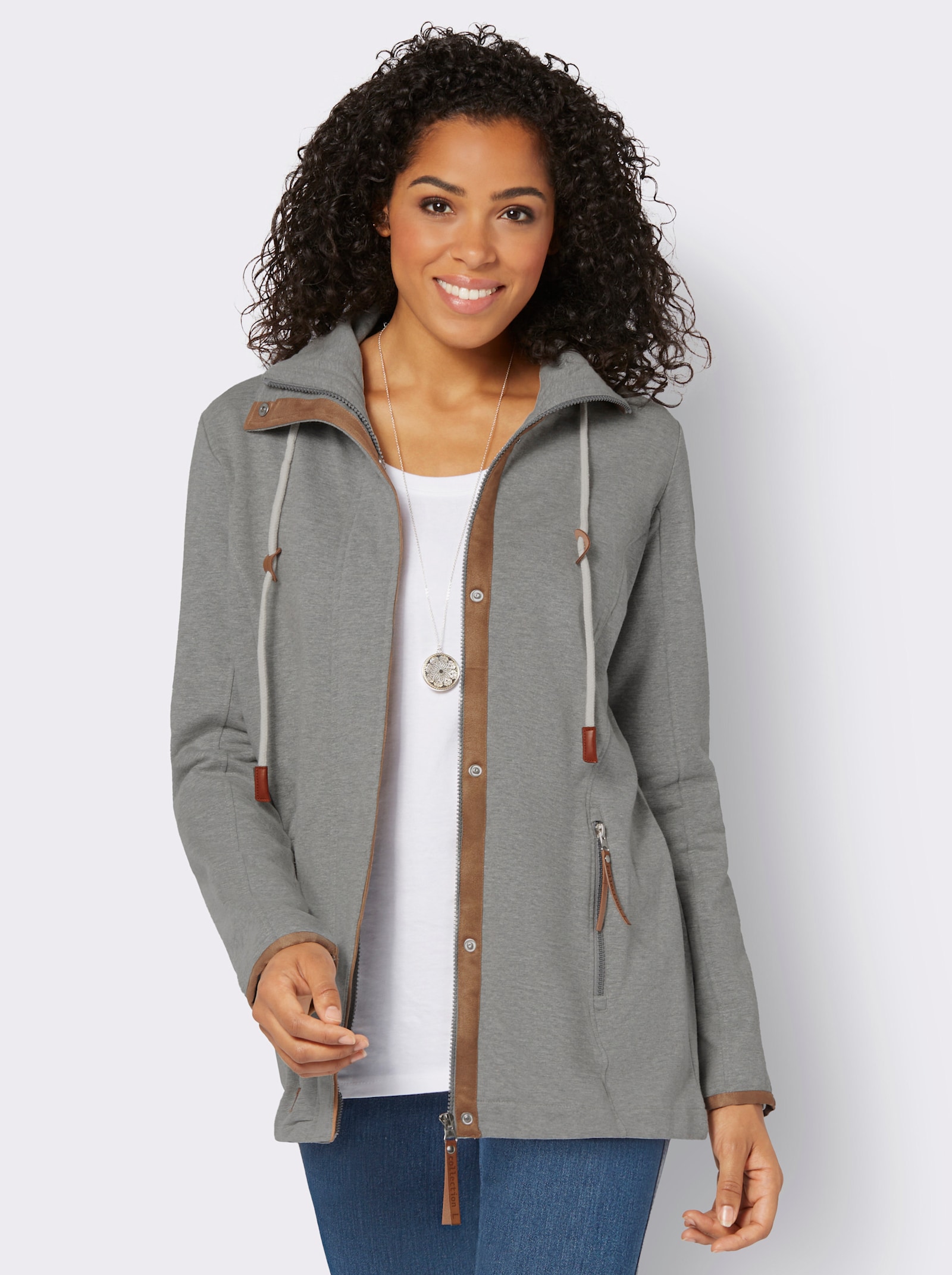 Sweatjacke mit Paspeln aus Leder-Imitat - steingrau-meliert