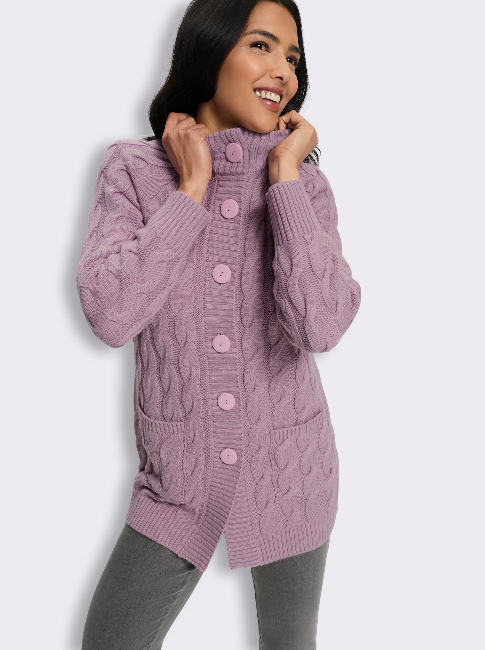 Longstrickjacke mit Zopfmuster - mauve