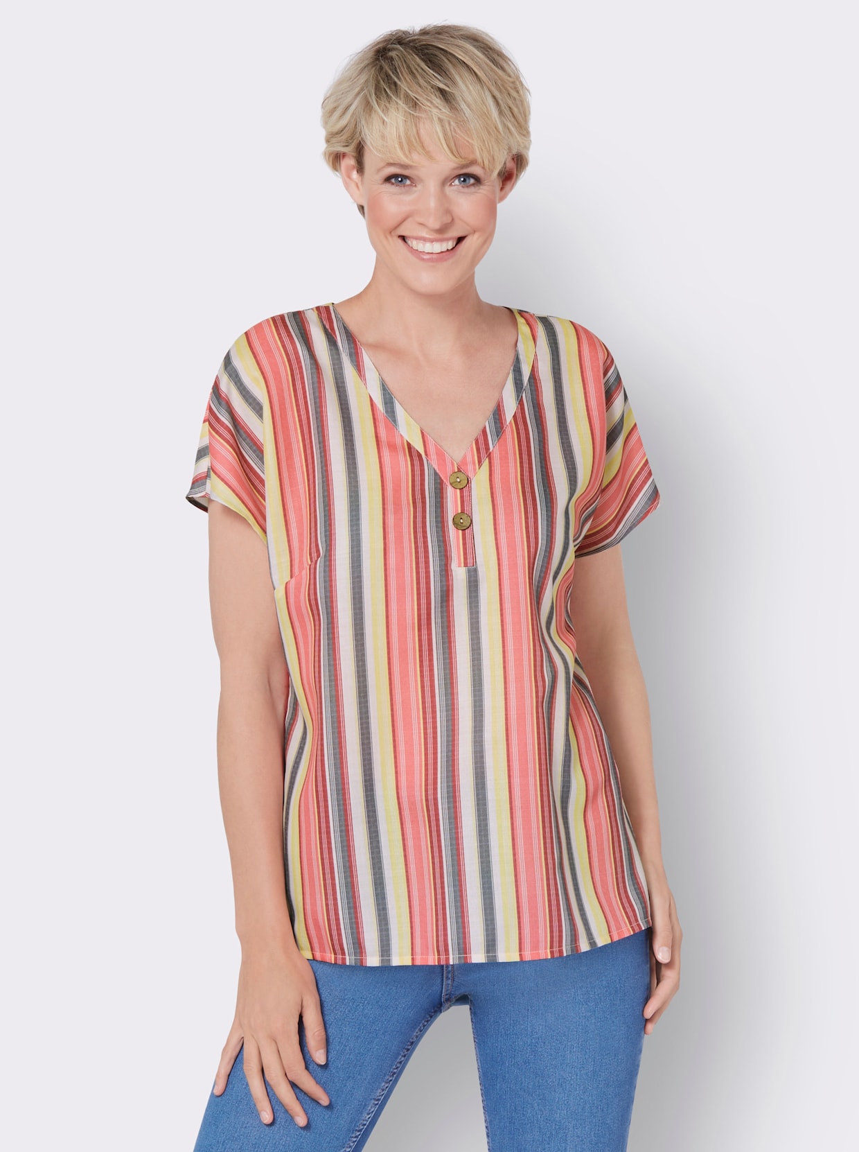 Comfortabele blouse - koraal/kers gestreept