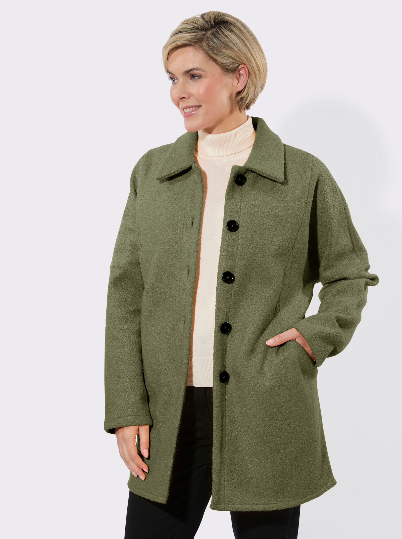 Longjacke mit Fledermausärmeln, Bouclé-Qualität - khaki