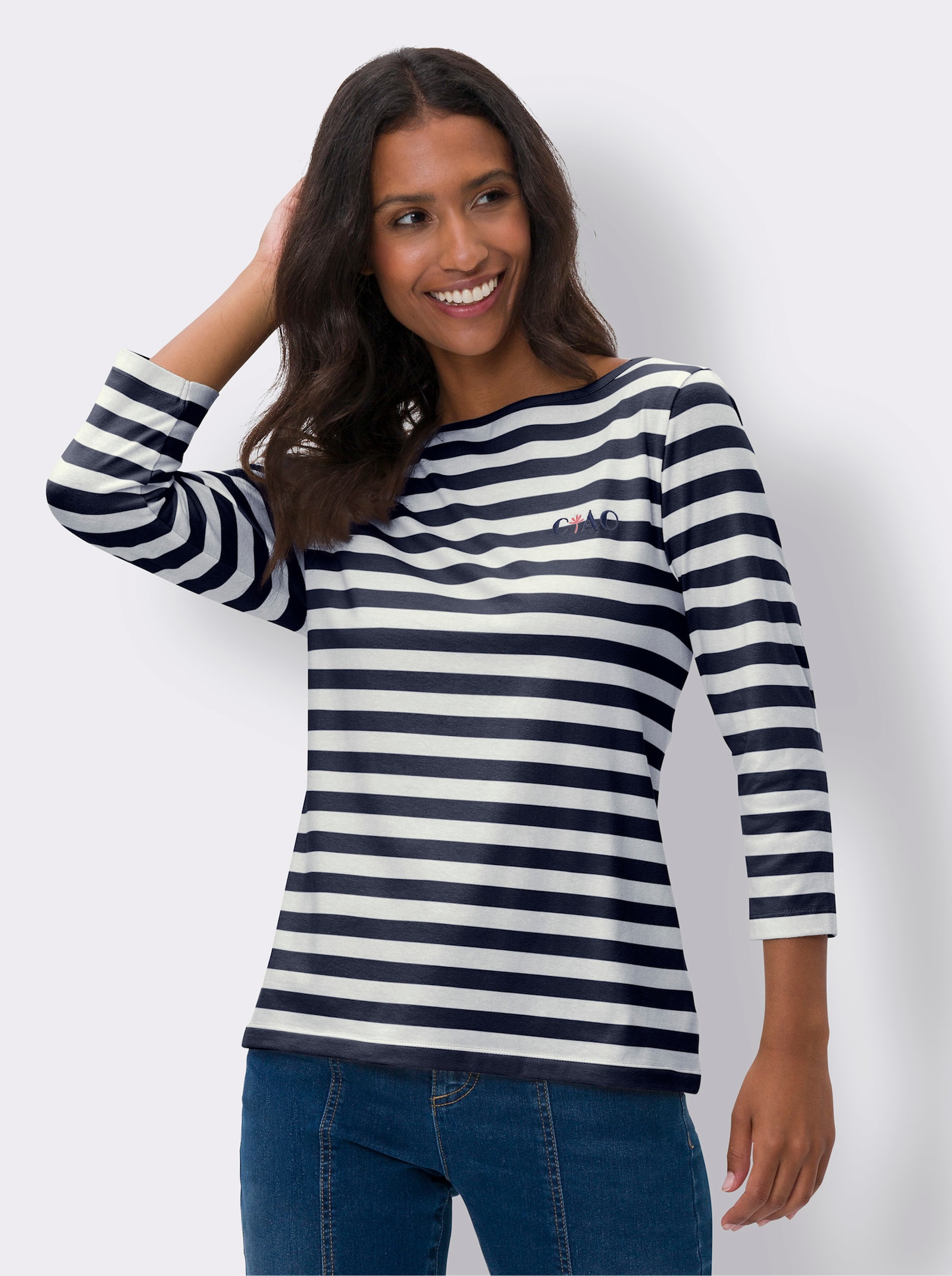 heine Streepjesshirt met boothals - marine/ecru gestreept