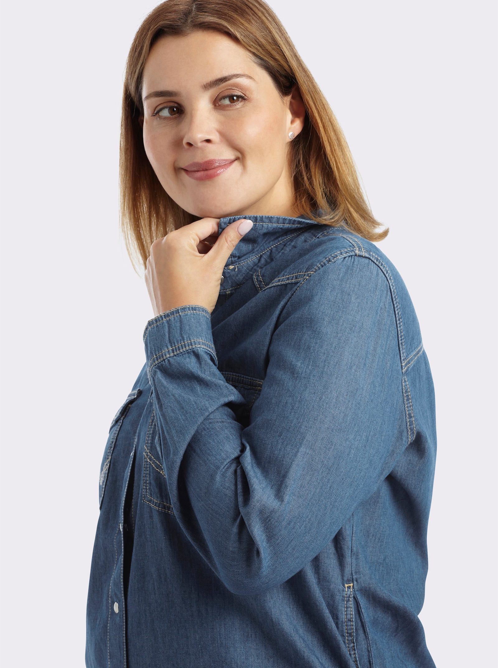 Jeansbluse mit Druckknopfleiste - blue-bleached
