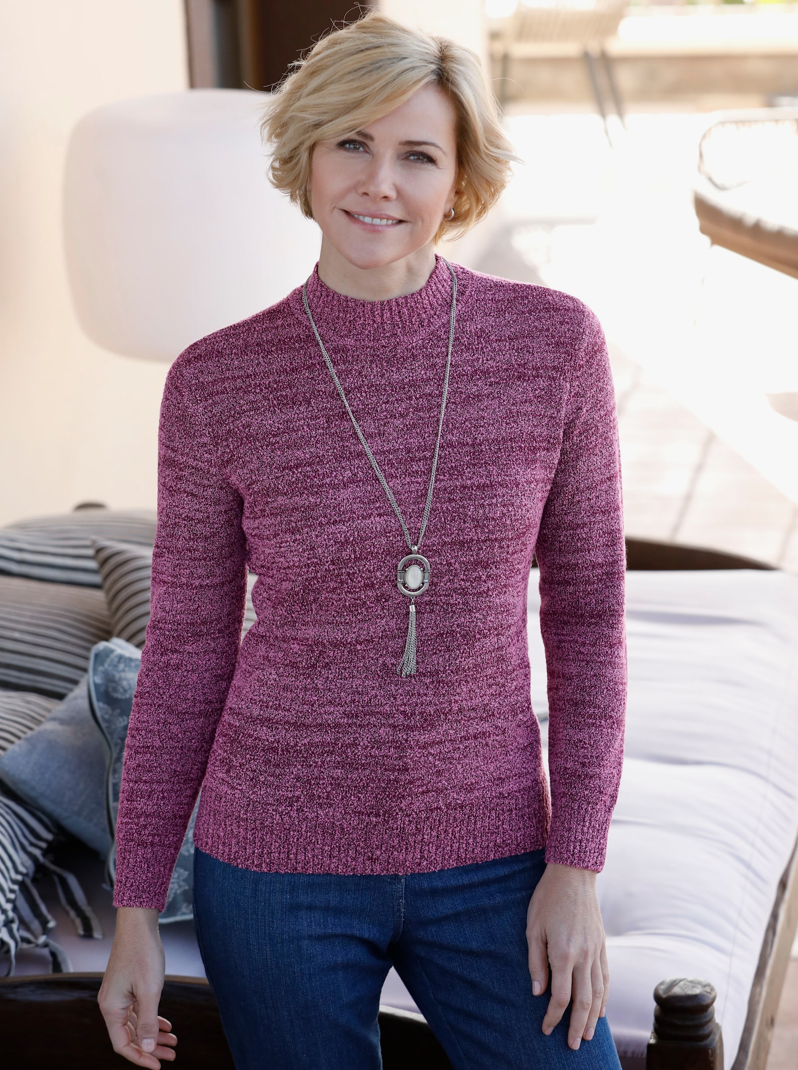 Stehkragenpullover in Bouclé-Qualität - fuchsia-meliert