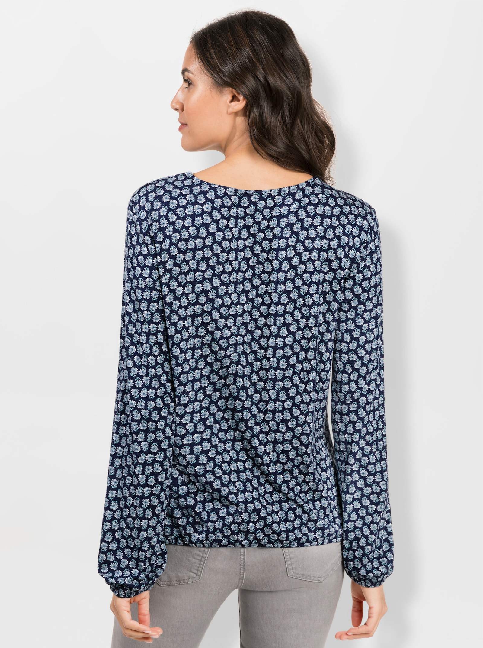 Shirt met print en met elastiek in mouwen en zoom - nachtblauw/salie bedrukt