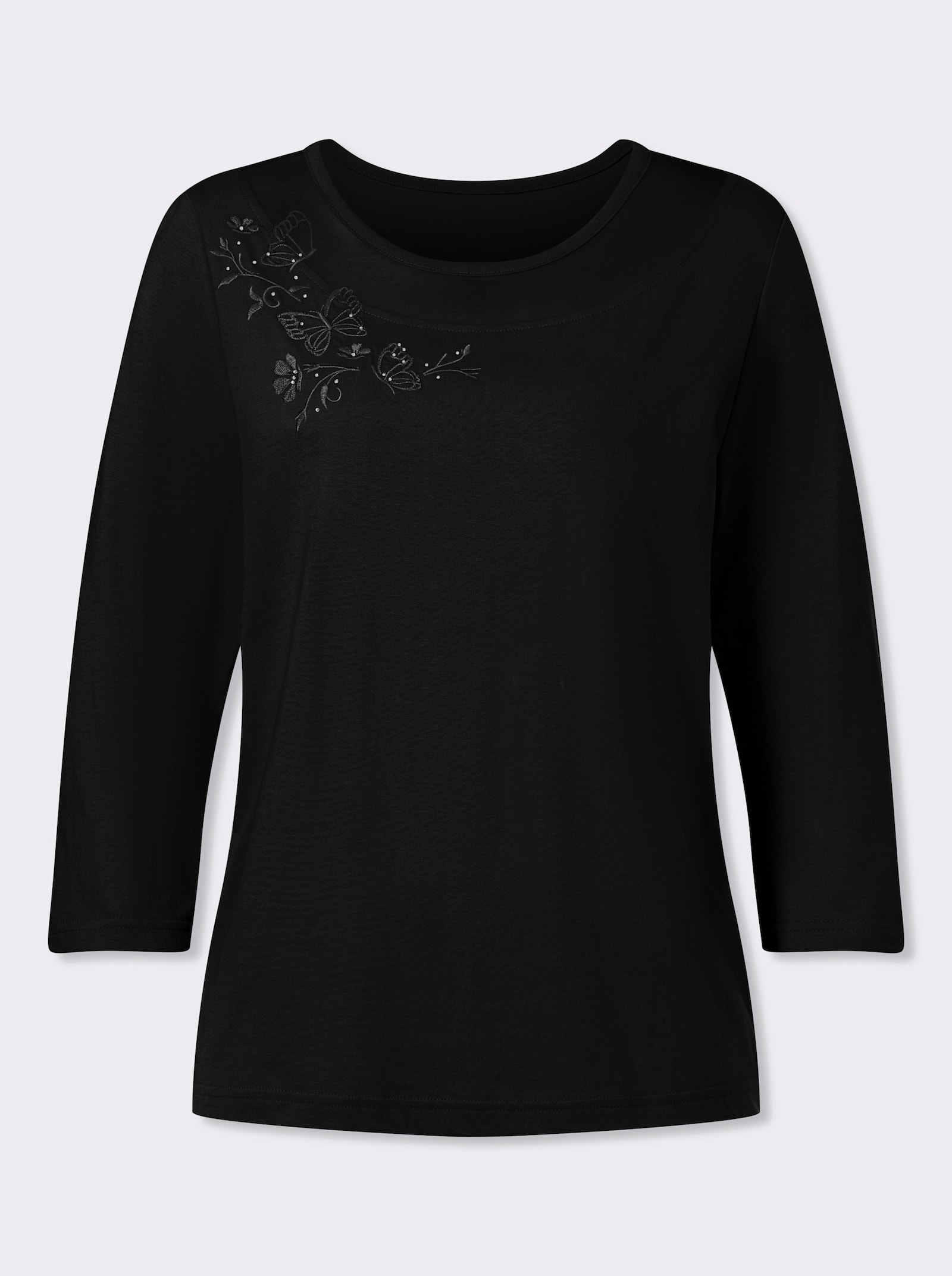 Kurzarmshirt mit Schmetterlings-Stickerei - schwarz