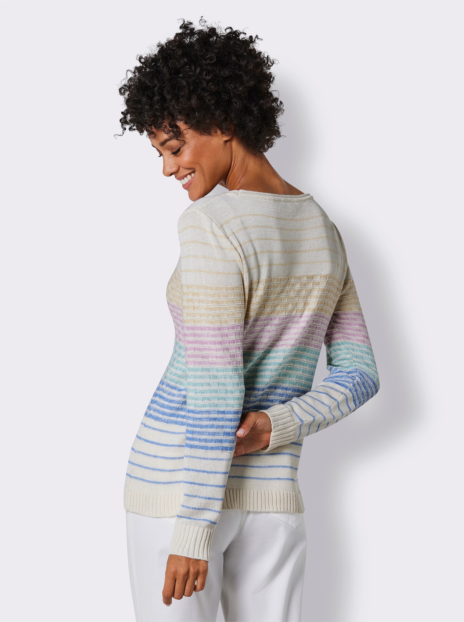 CREATION L PREMIUM Feinstrickpullover mit Seidenanteil - mint-rosé-geringelt