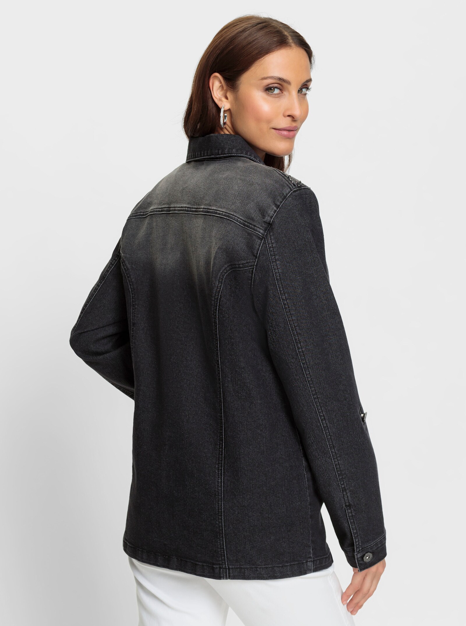 Jeansblouse met fonkelende siersteentjes - grafiet denim