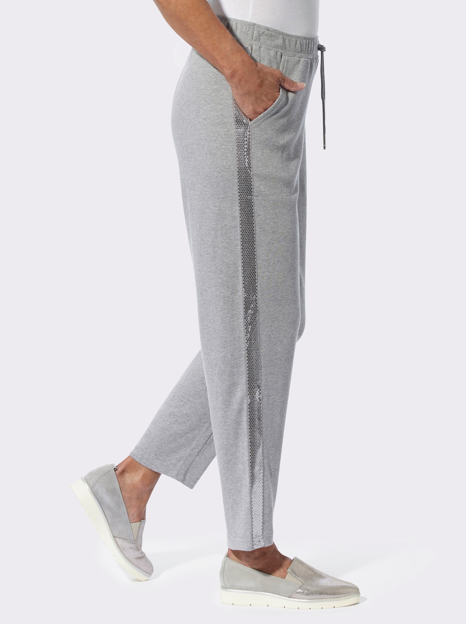 Sweathose mit Pailletten-Streifen - steingrau-meliert