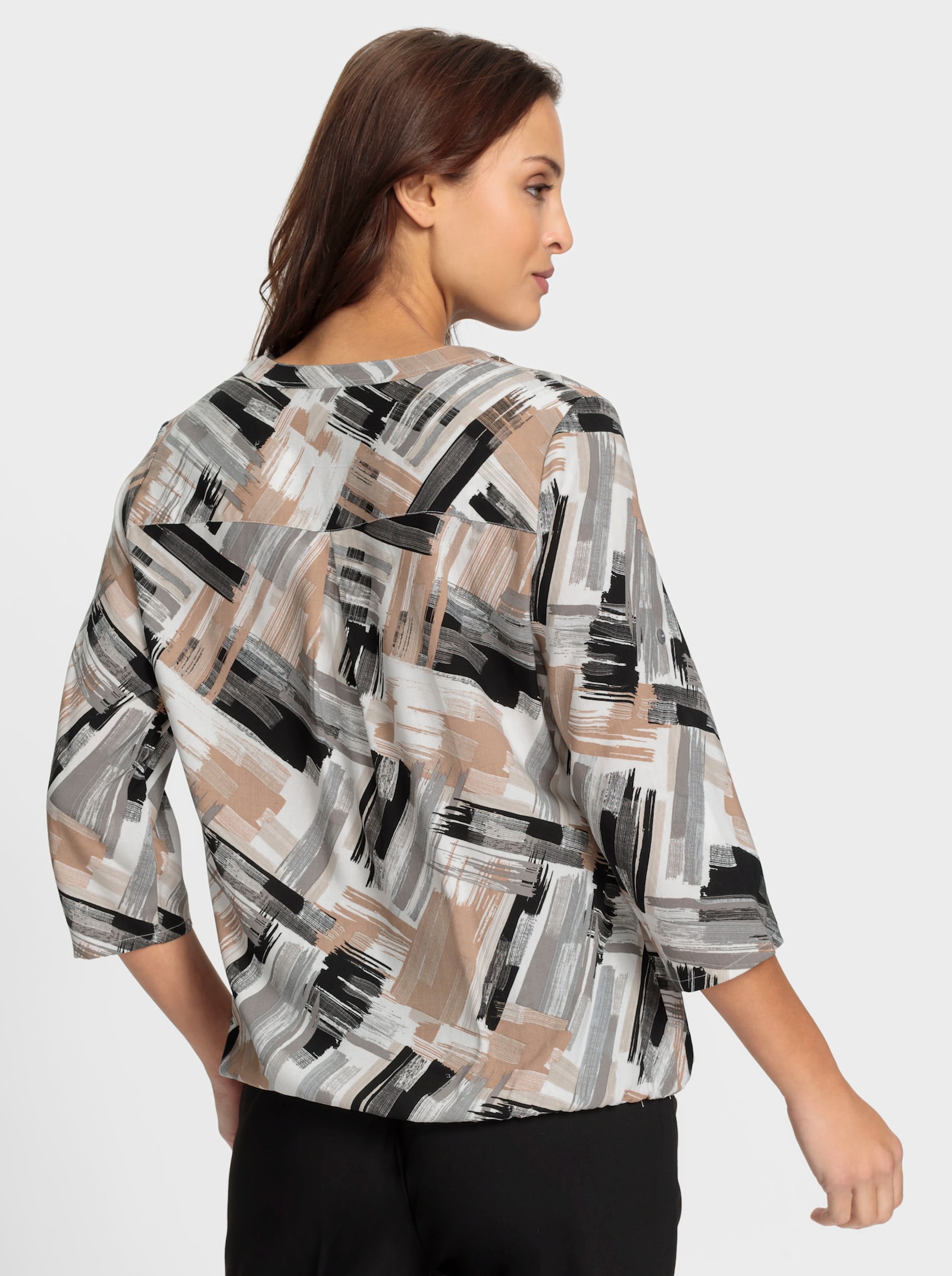 Schlupfbluse mit elastischem Saum - ecru-schwarz-bedruckt