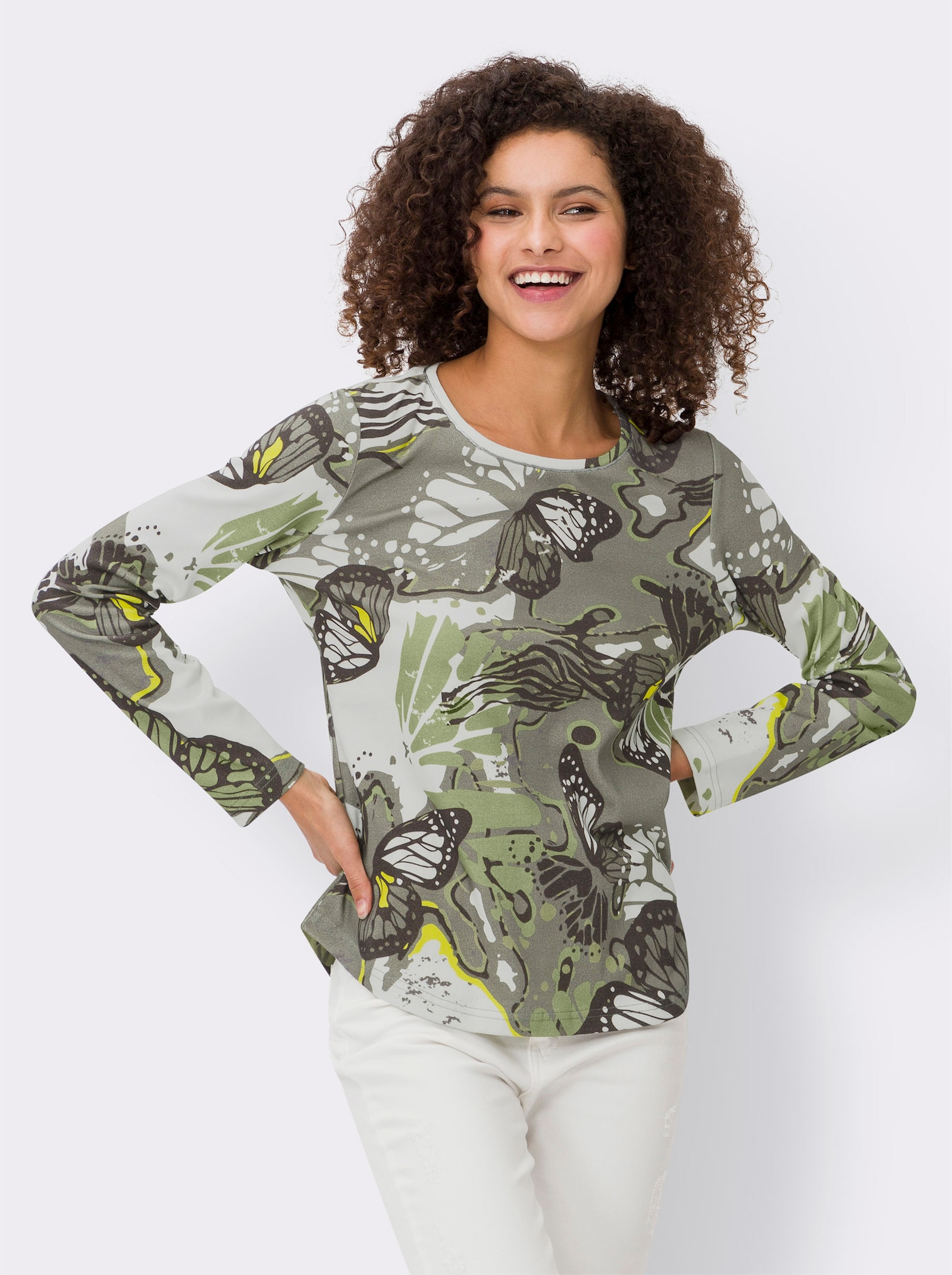 heine Rundhalsshirt mit abgerundetem Saum - khaki-ecru-bedruckt