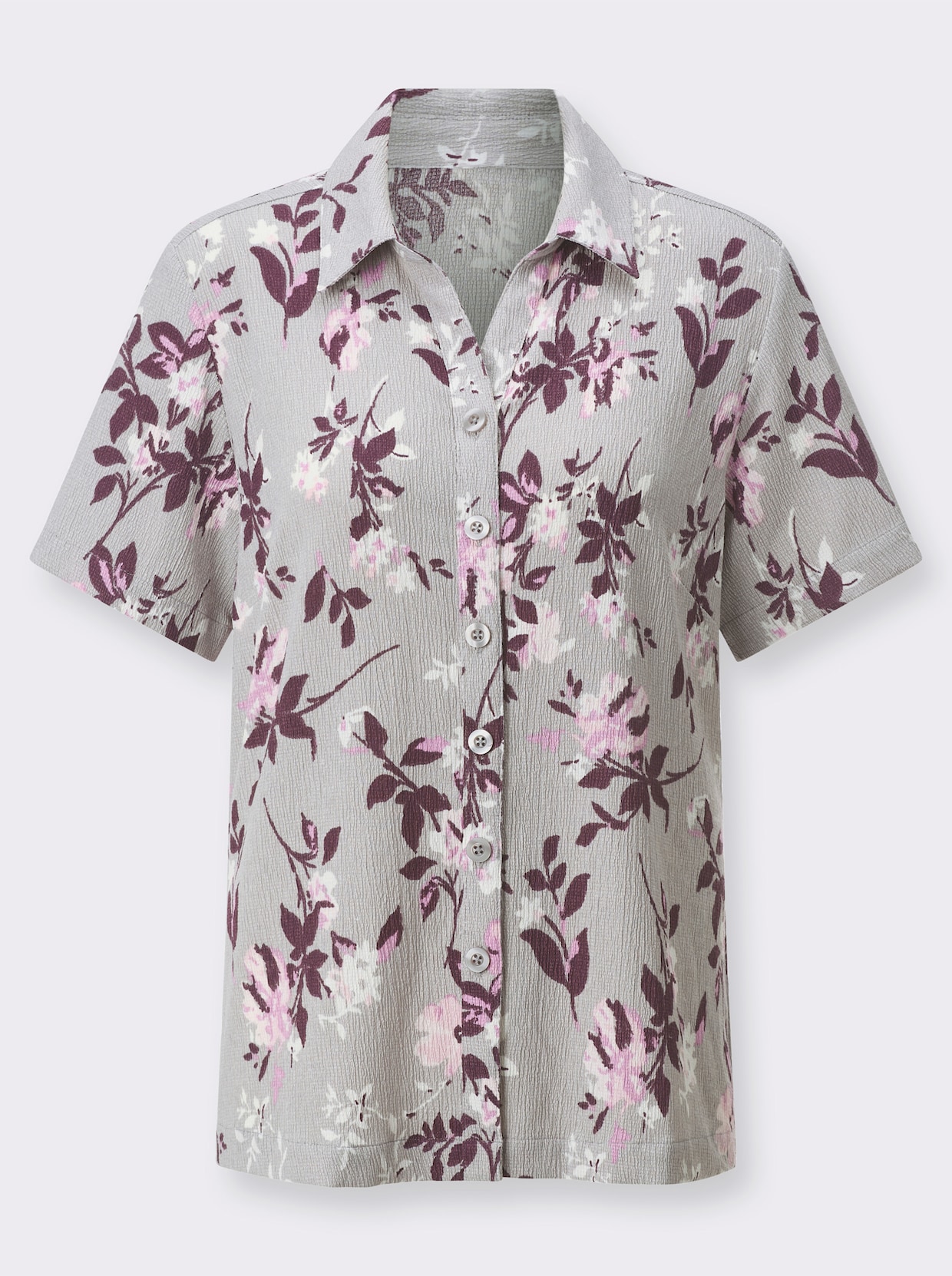 Crêpeblouse - steengrijs/orchidee bedrukt
