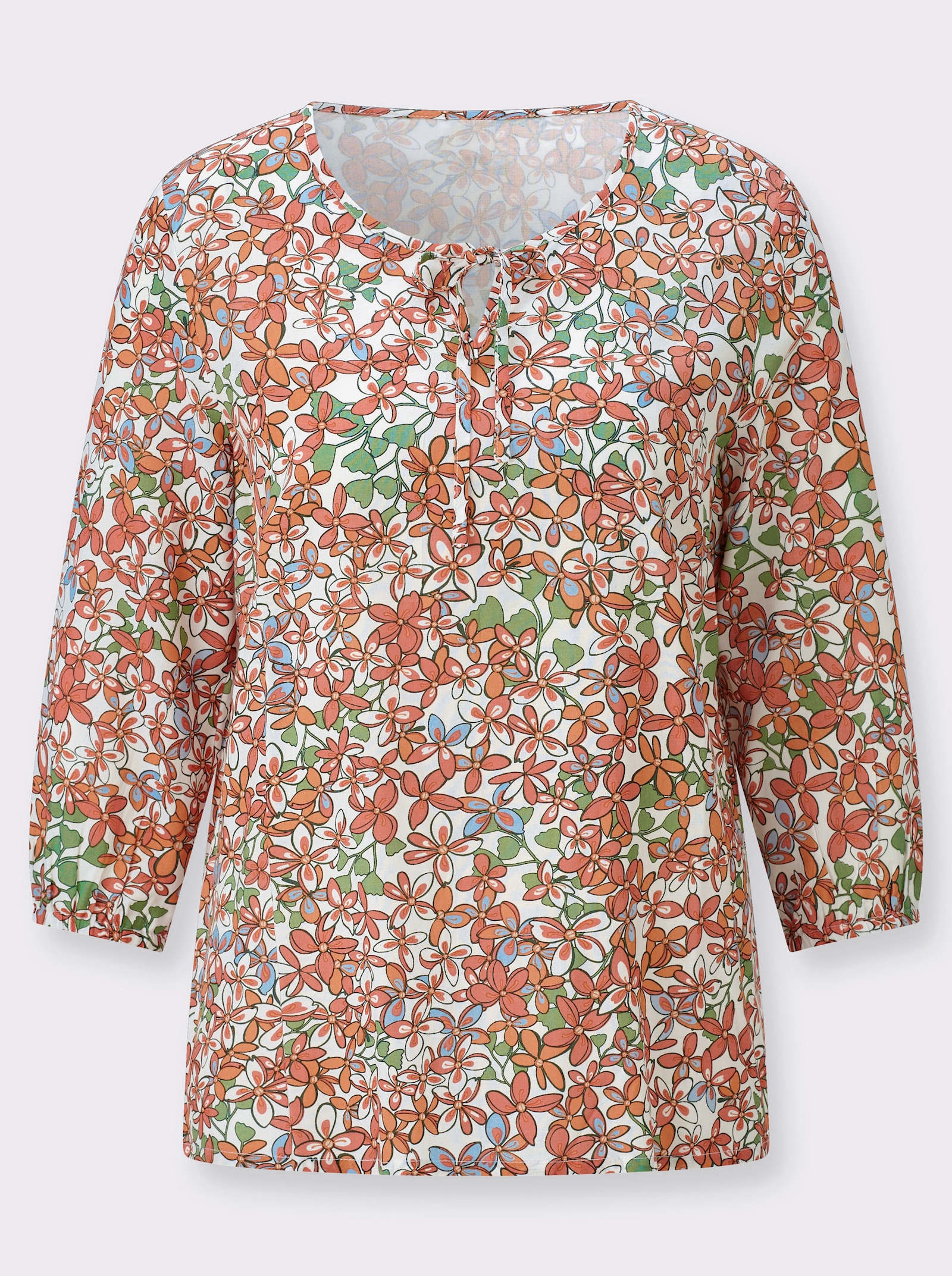 Schlupf-Bluse mit Gummizug an den Ärmeln - papaya-eucalyptus-bedruckt