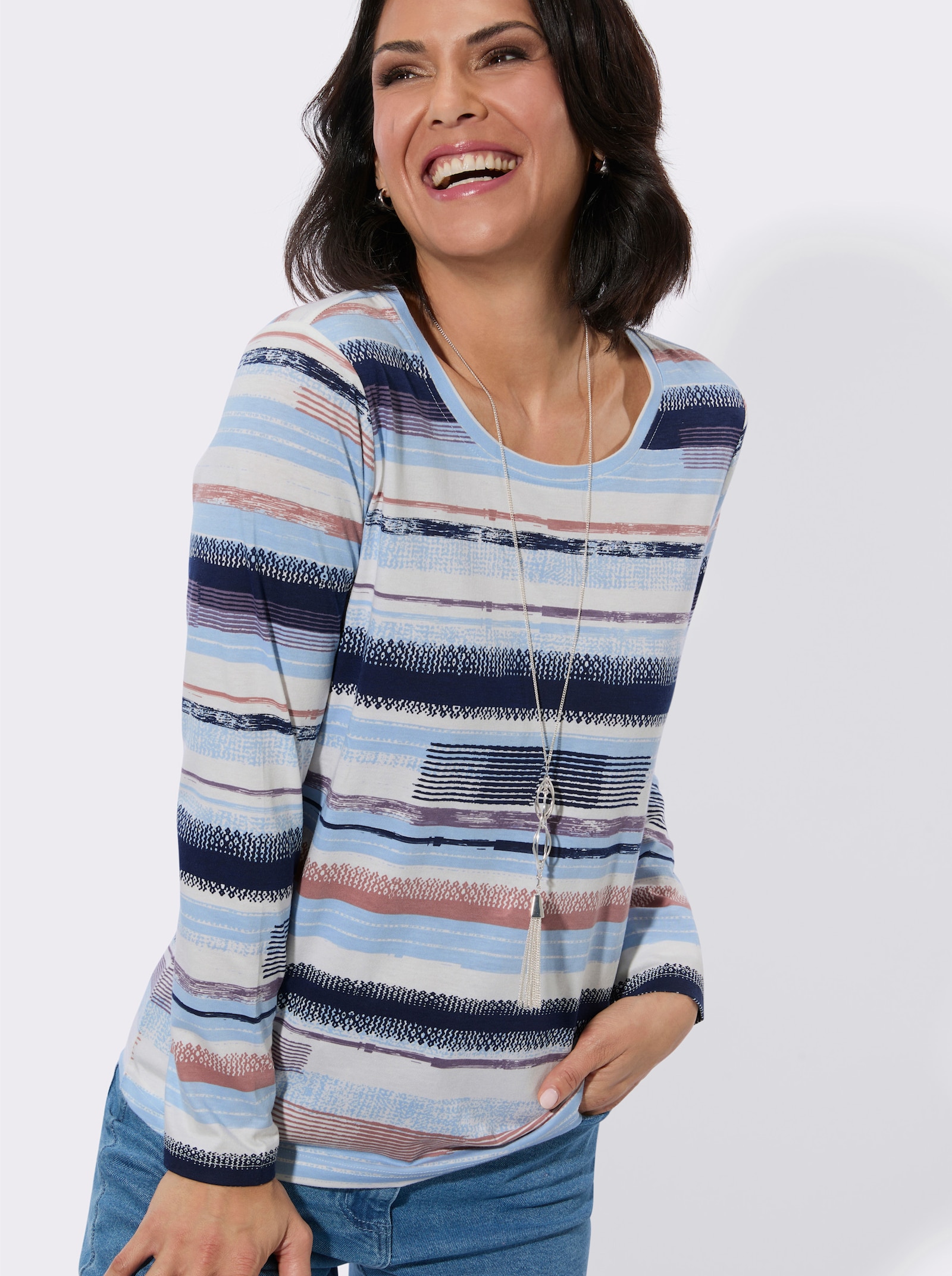 Rundhalsshirt im weichen Material-Mix - rosenholz-ecru-bedruckt