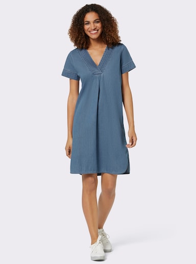 Jeanskleid mit V-Ausschnitt, Baumwolle - blue-bleached