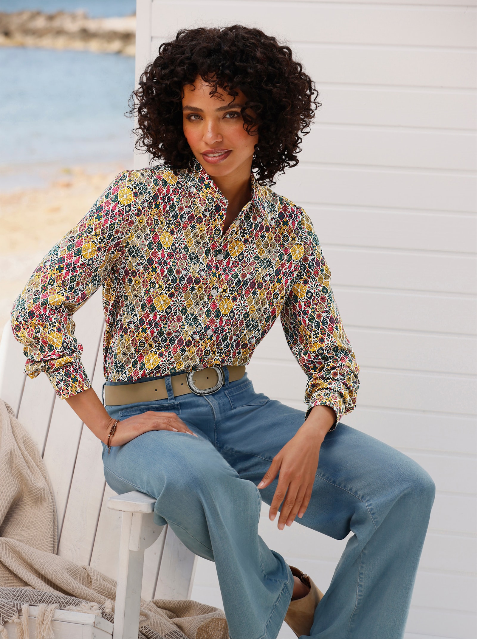 heine Druckbluse mit Ornament-Dessin - petrol-ocker-bedruckt