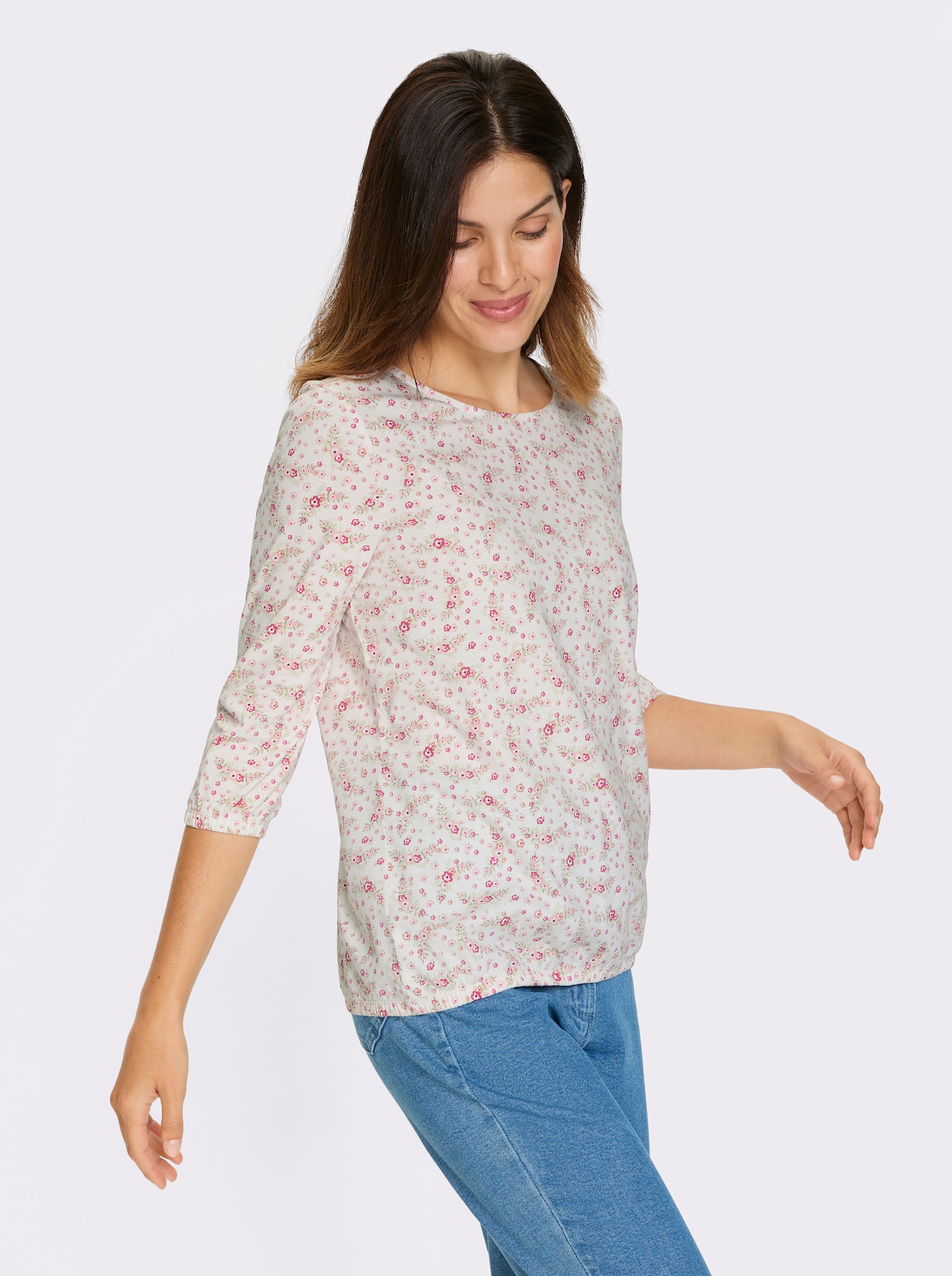 Topp med 3/4-ärm, blommönster - ecru-rosenträ-med tryck