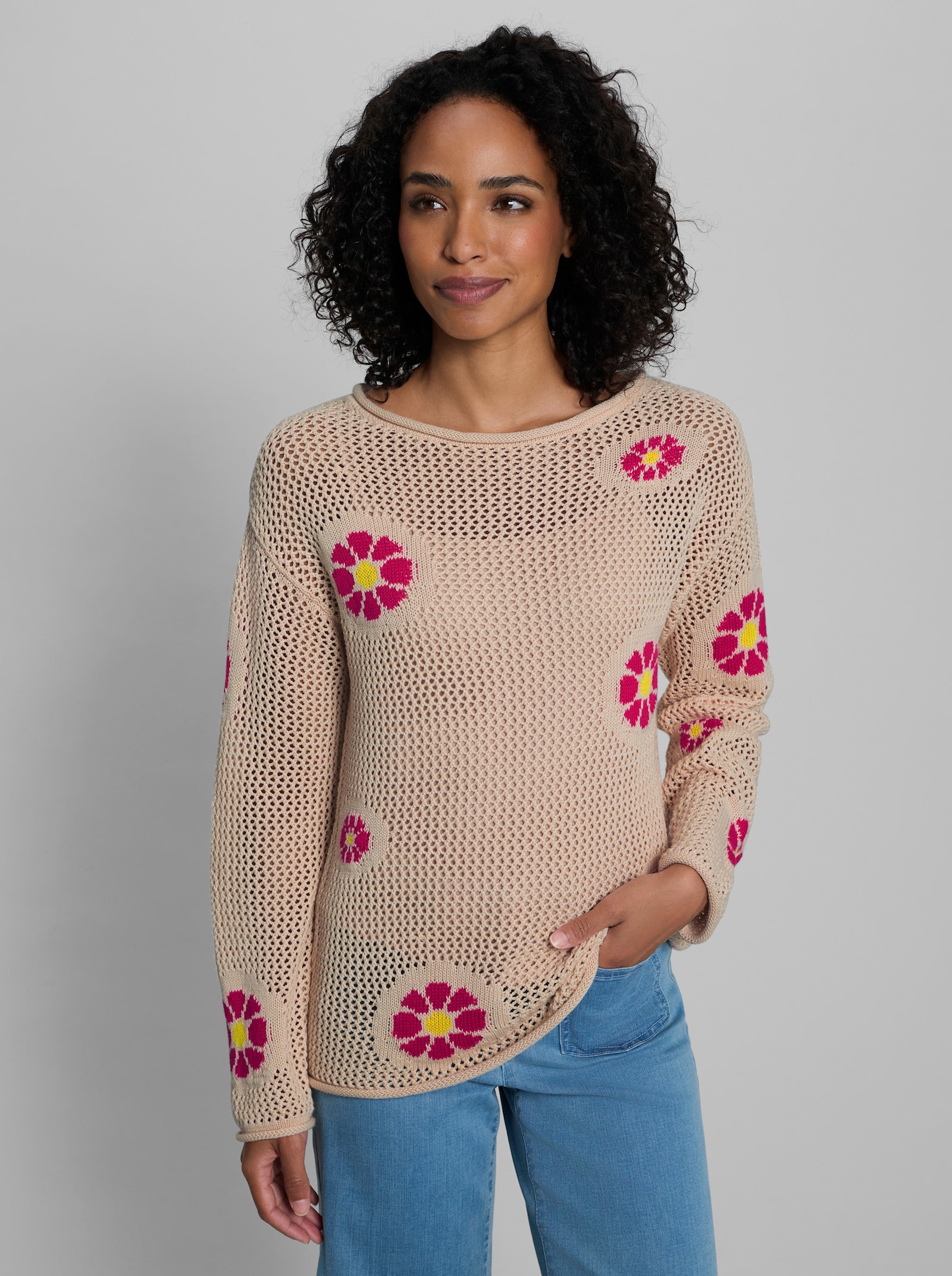 heine Ajourpullover mit Blüten-Jacquard - elfenbein-pink-gemustert
