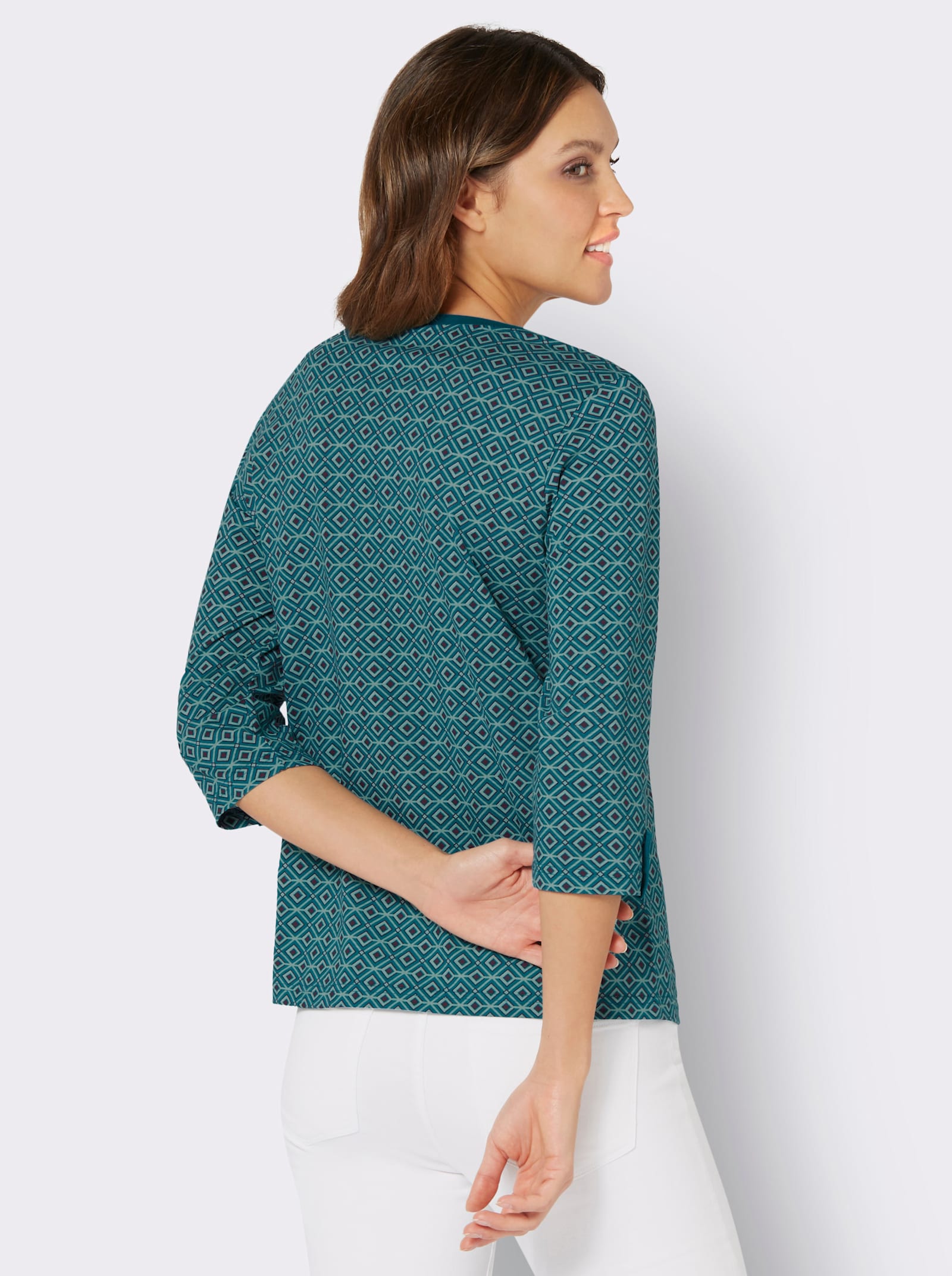 Tričko s 3/4 rukávem a jednobarevným sedlem - světlá petrolejová-šalvějová-potisk