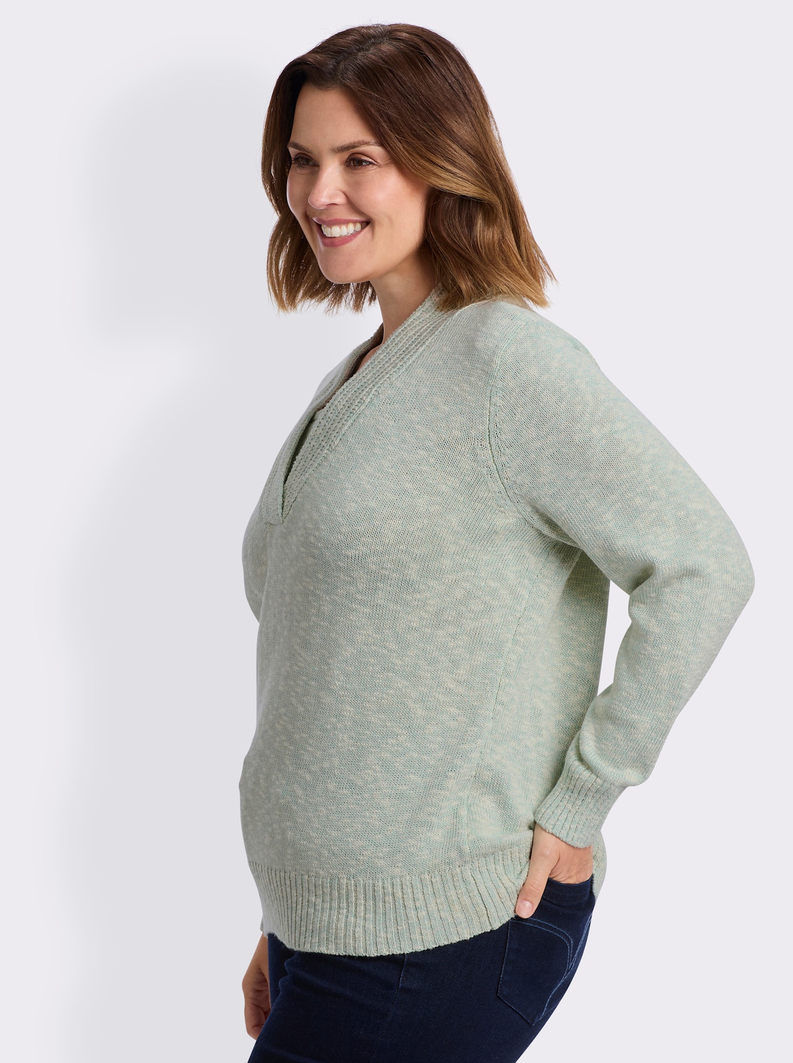 V-Ausschnitt-Pullover in 2-in-1-Optik - kalkmint-meliert