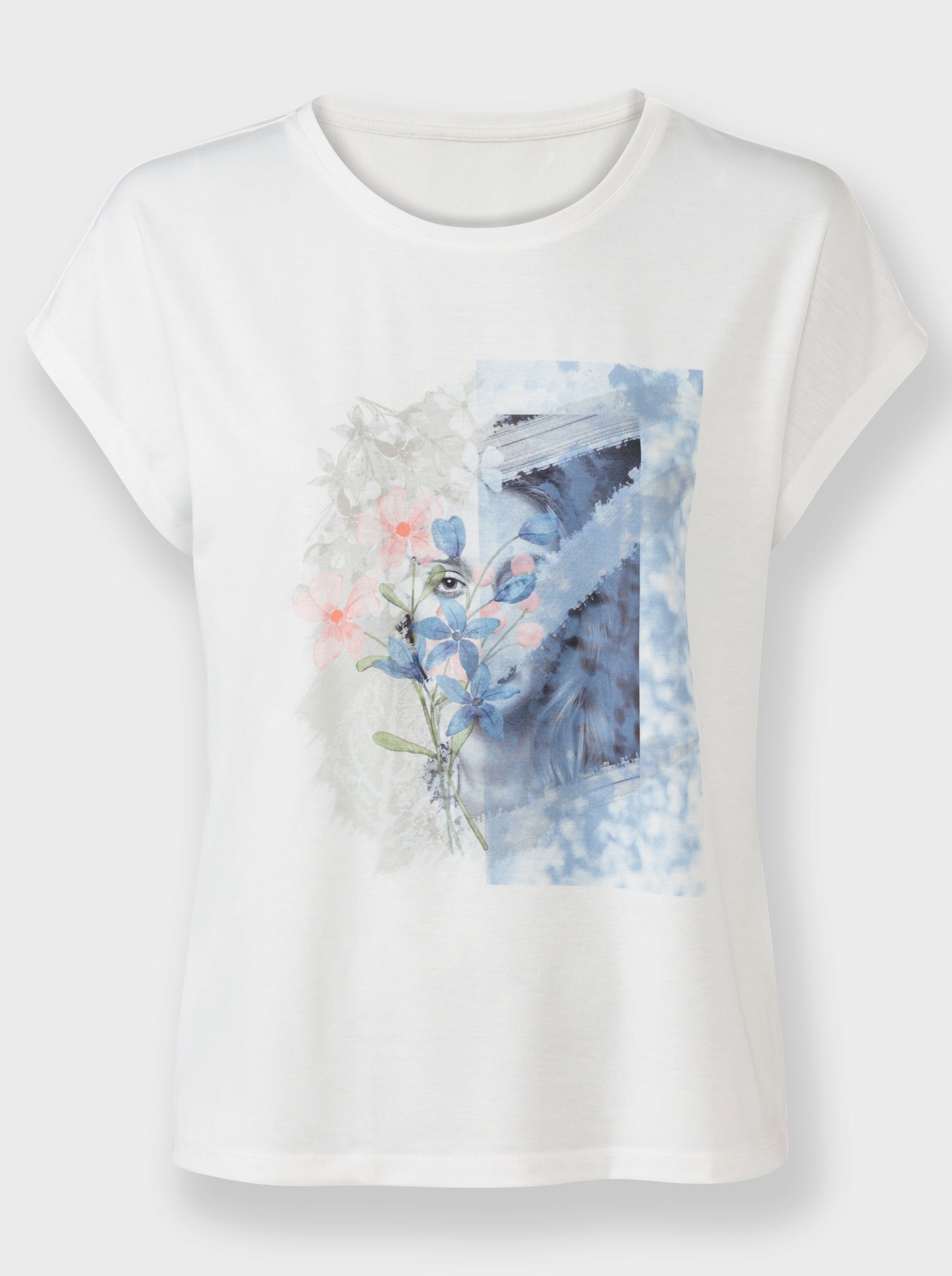 Shirt met ronde hals en print - ecru/bleu geprint