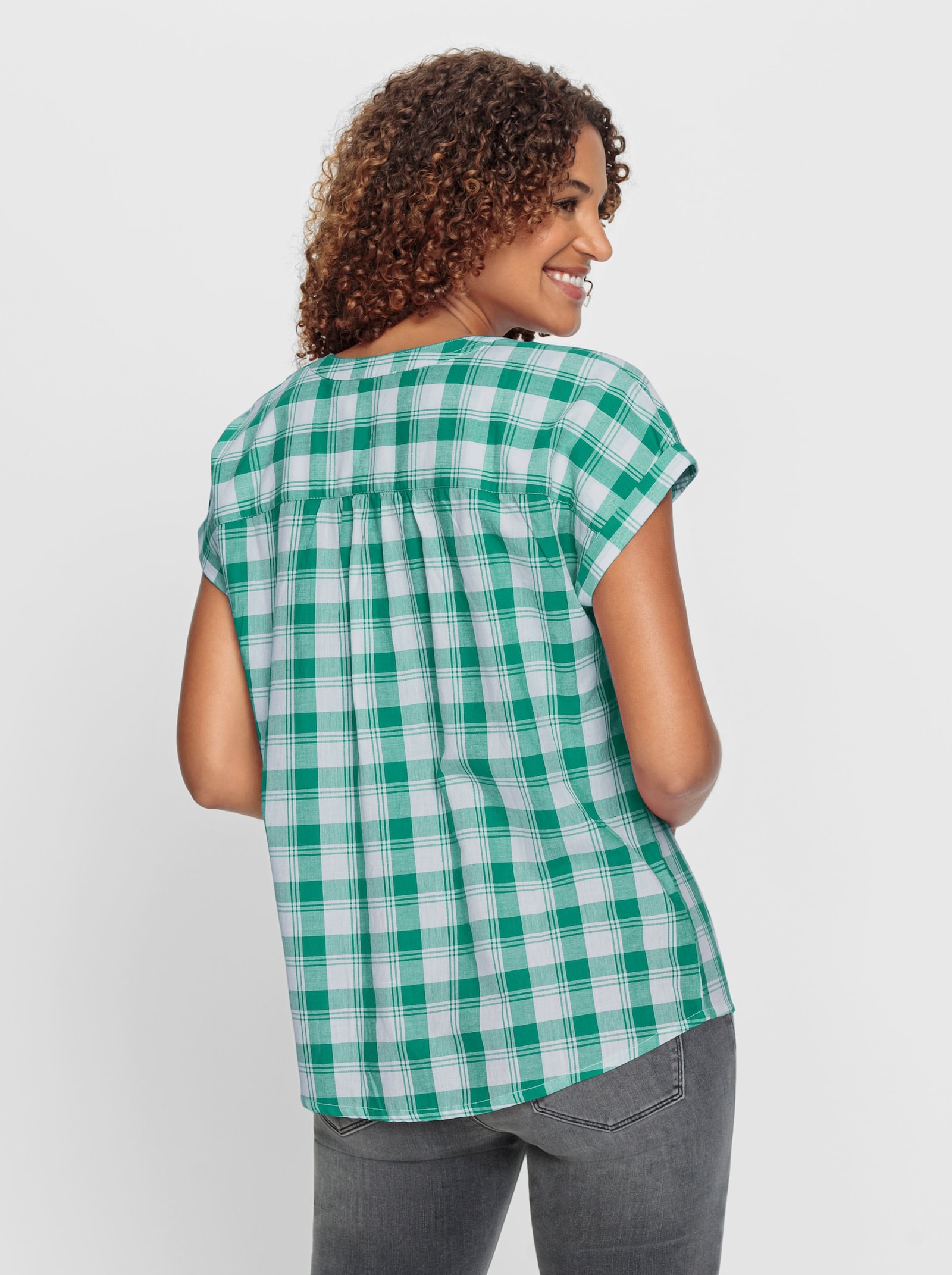 Karobluse mit abgerundetem Saum - smaragd-weiß-kariert