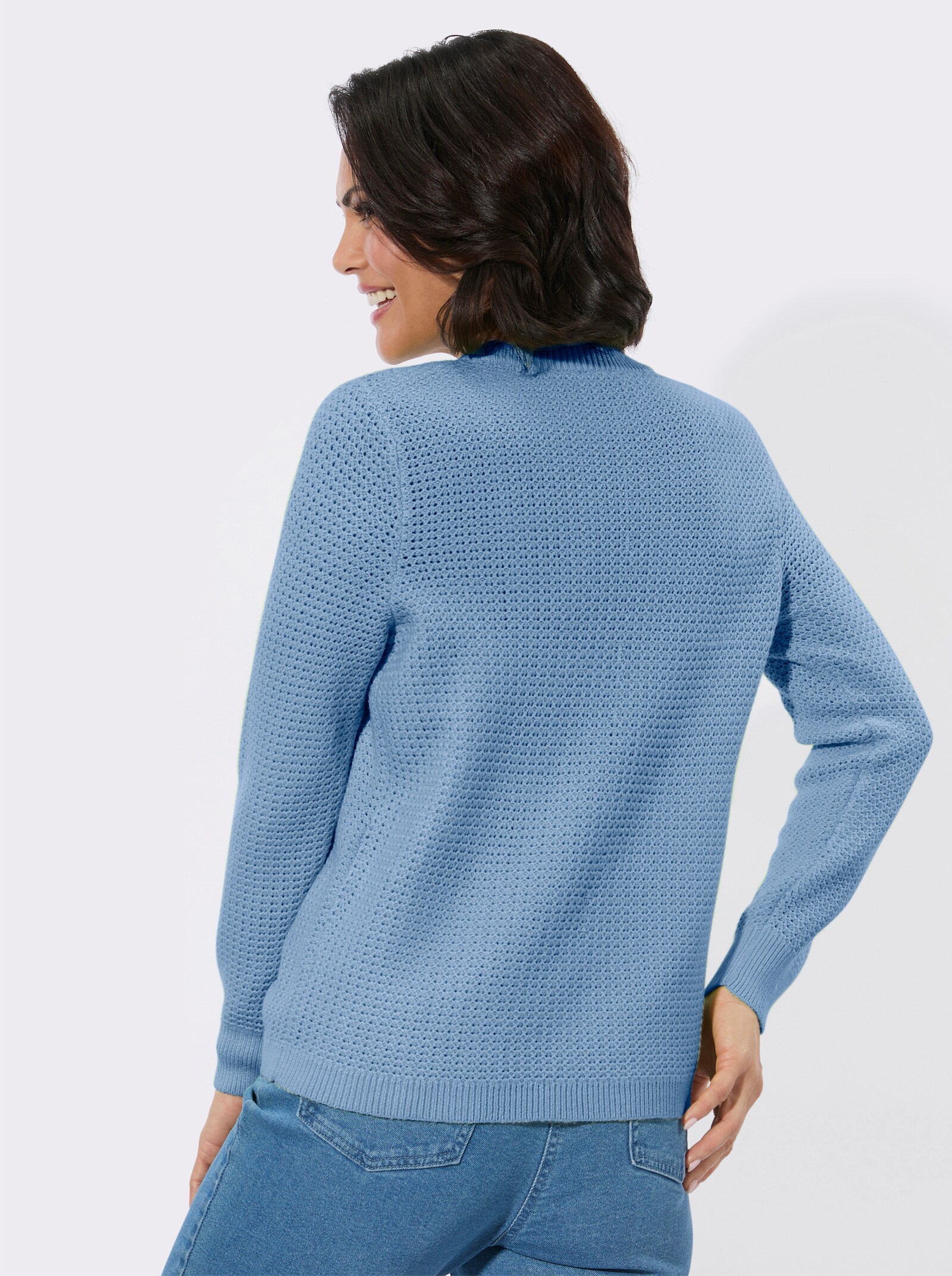 Rundhalspullover mit Schnürung am Saum - mittelblau
